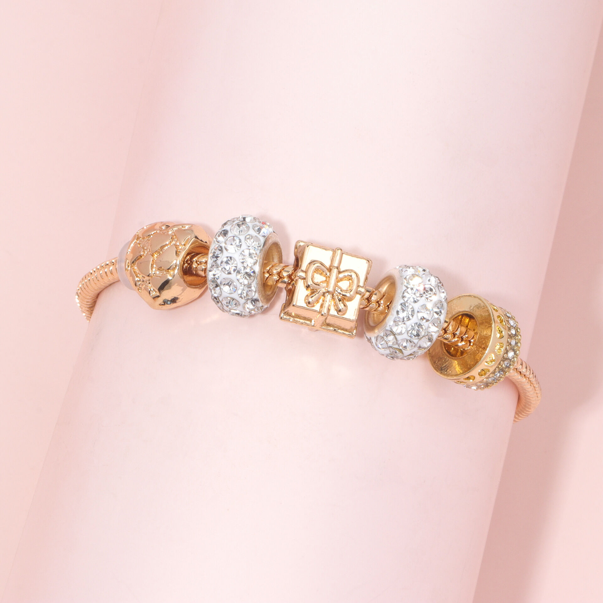 Rose Gold Crystal & Heart Charm Bracelet(rose gold,18cm) - Image 3