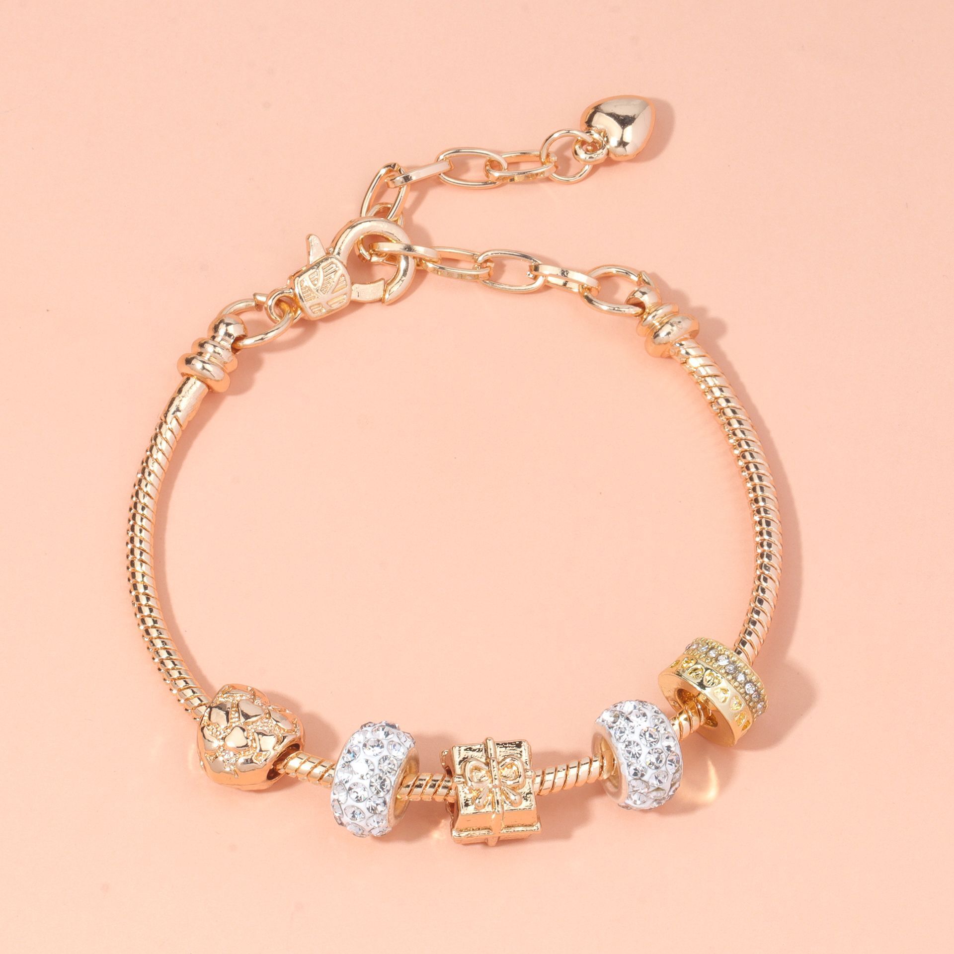 Rose Gold Crystal & Heart Charm Bracelet(rose gold,19cm) - Image 2