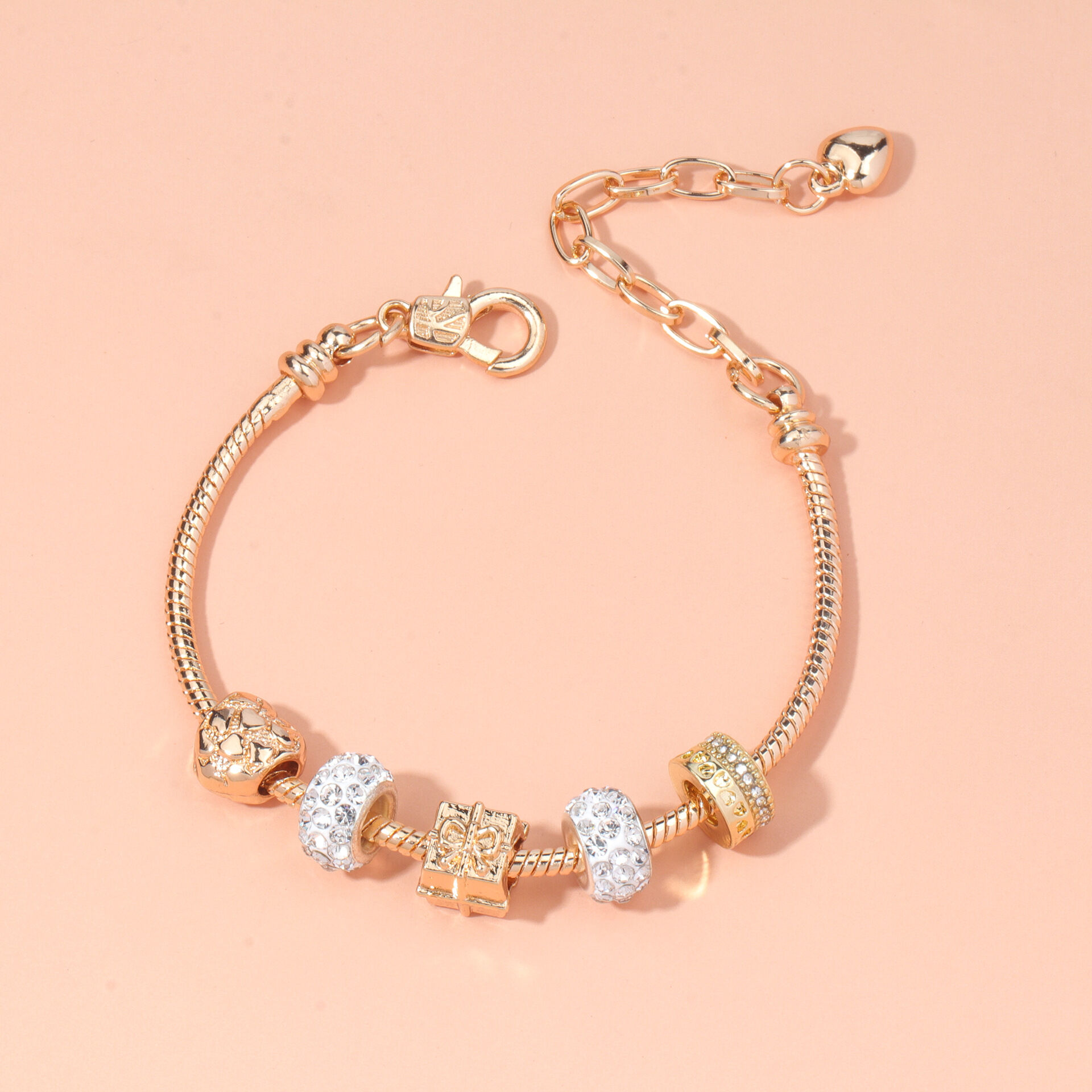 Rose Gold Crystal & Heart Charm Bracelet(rose gold,20cm) - Image 4