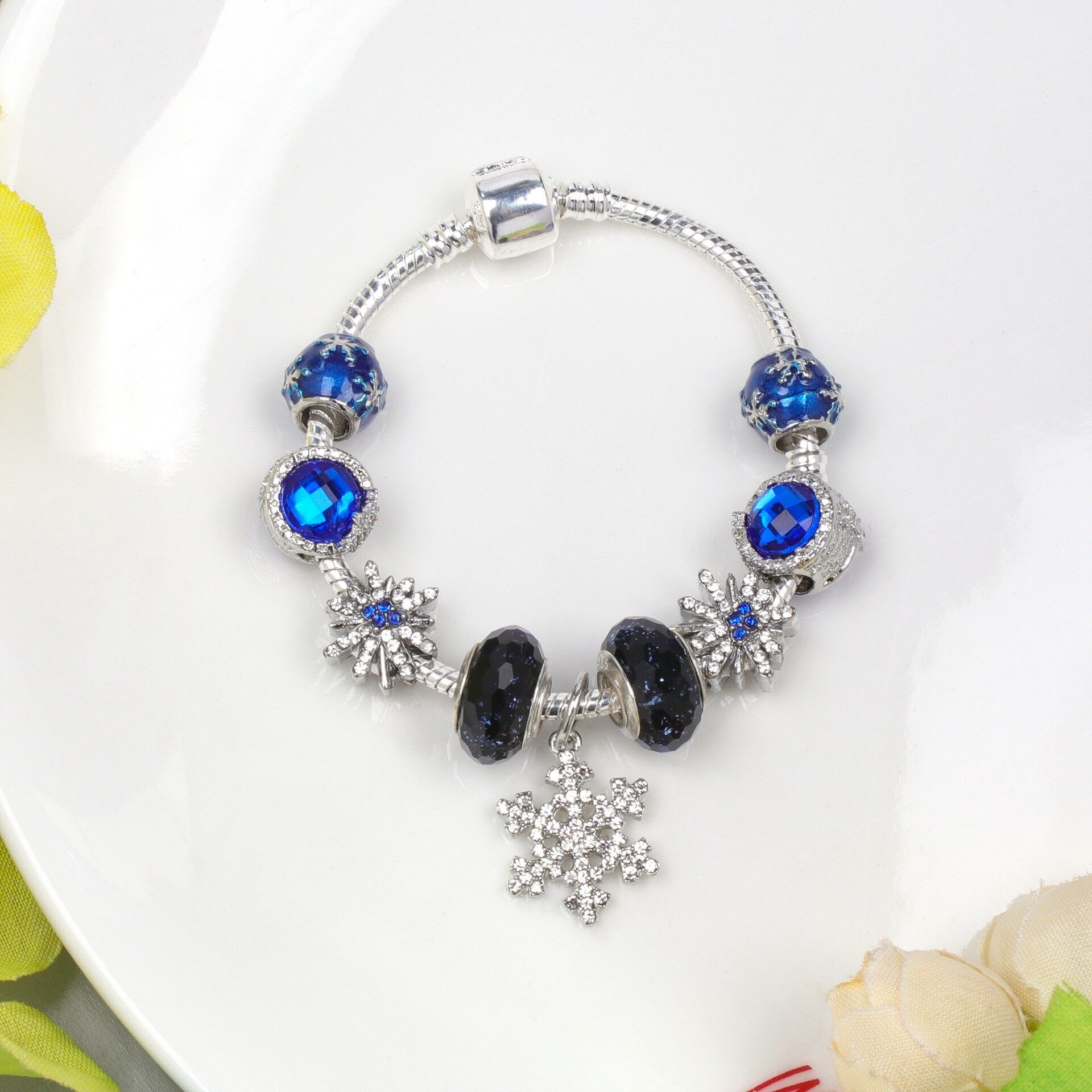 Rhinestone Blue Cat’s Eye Starry Glaze Beads Bracelet with Snowflake Pendant(20cm) - Image 1