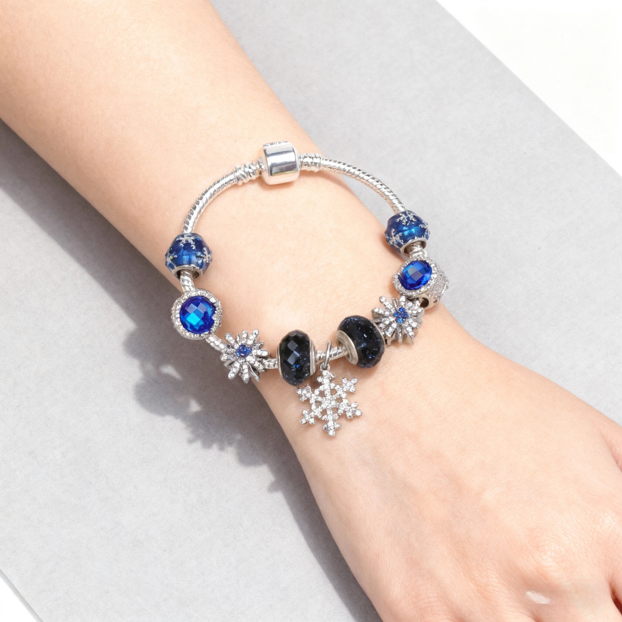 Rhinestone Blue Cat’s Eye Starry Glaze Beads Bracelet with Snowflake Pendant(20cm) - Image 2
