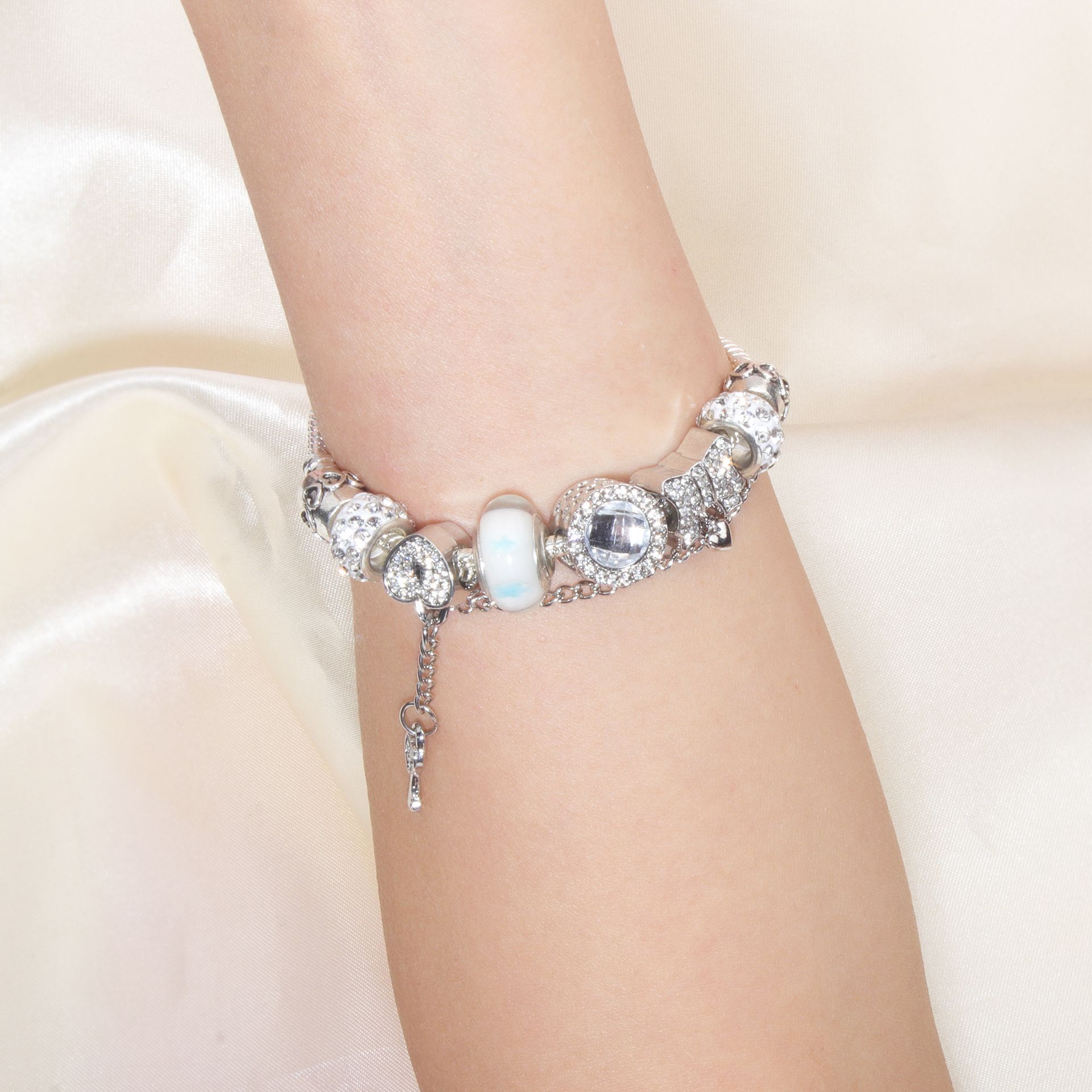 Rhinestone Cat's Eye Glass Bead Charm Bracelet - Heart Lock Pendant(16cm) - Image 2