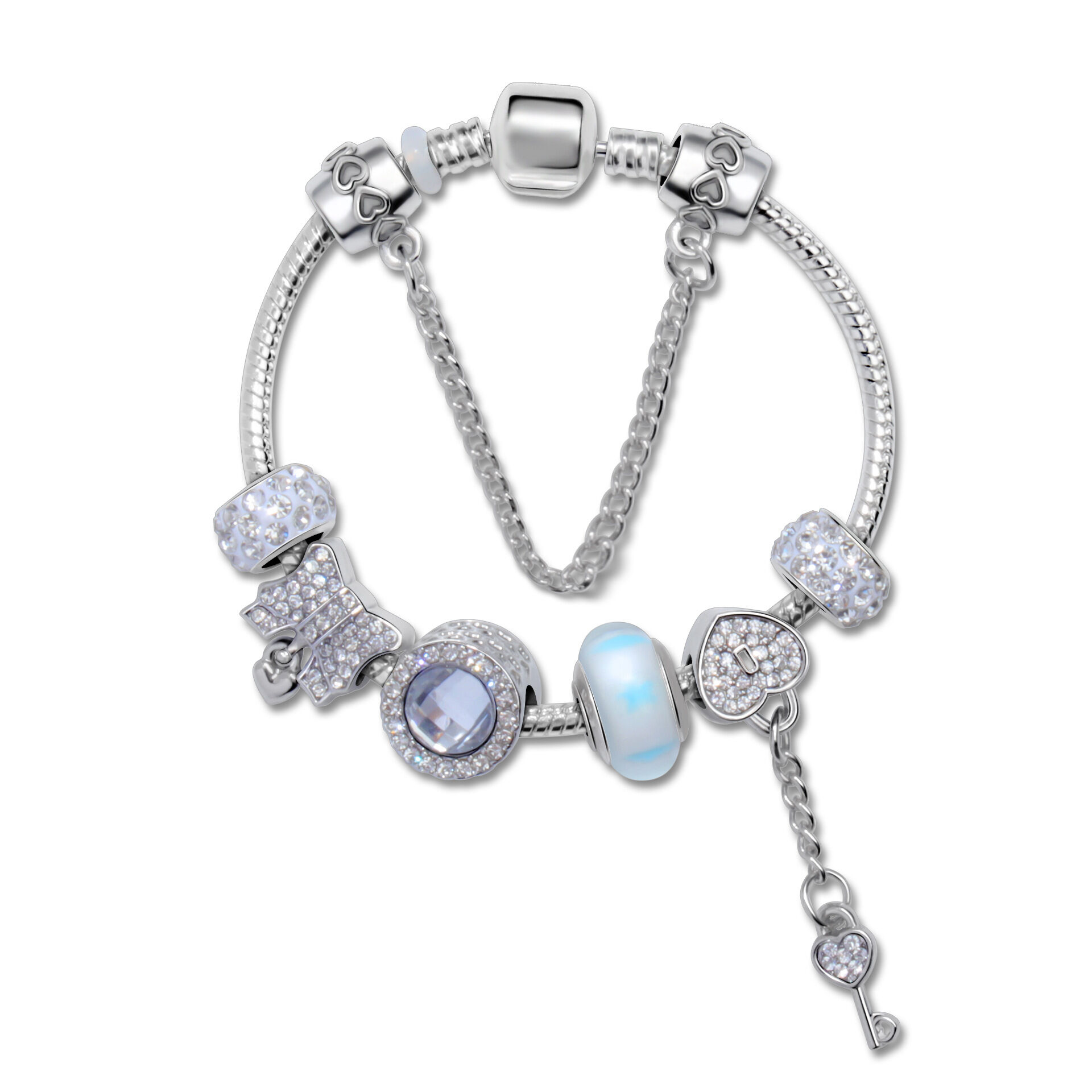 Rhinestone Cat's Eye Glass Bead Charm Bracelet - Heart Lock Pendant(17cm) - Image 1