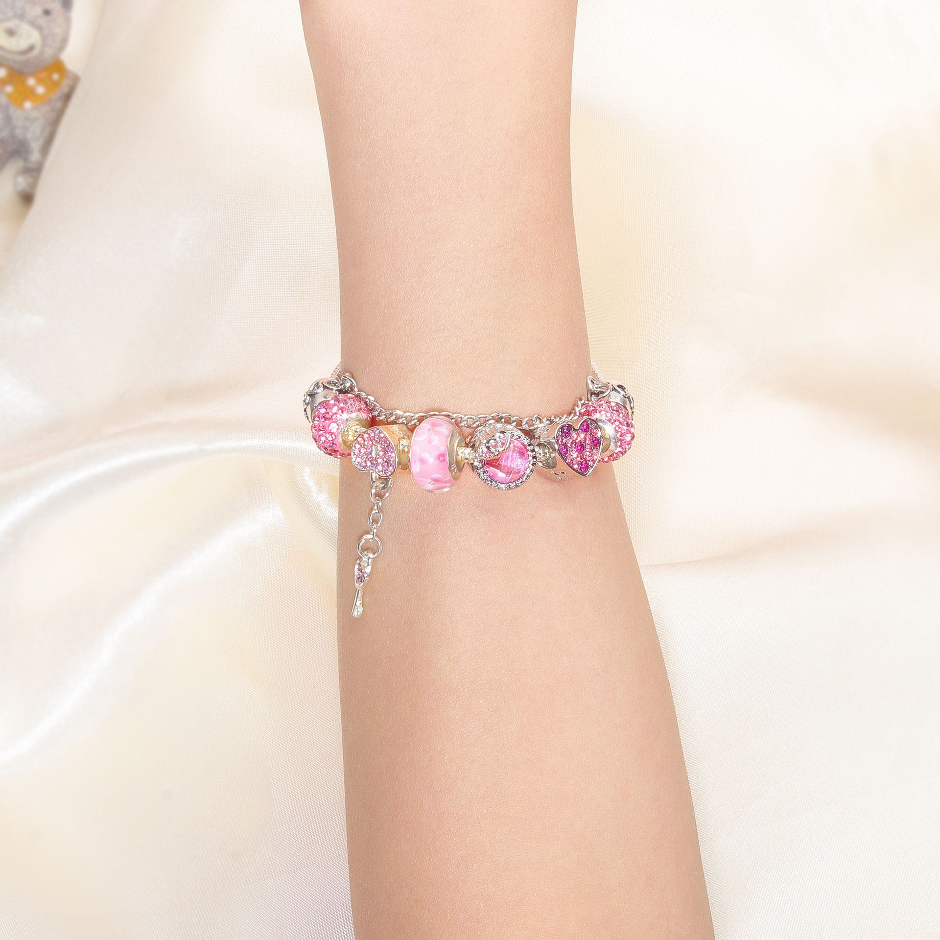 Rhinestone Heart & Bead Alloy Plated Bracelet with Happy Lock Pendant(16cm) - Image 2