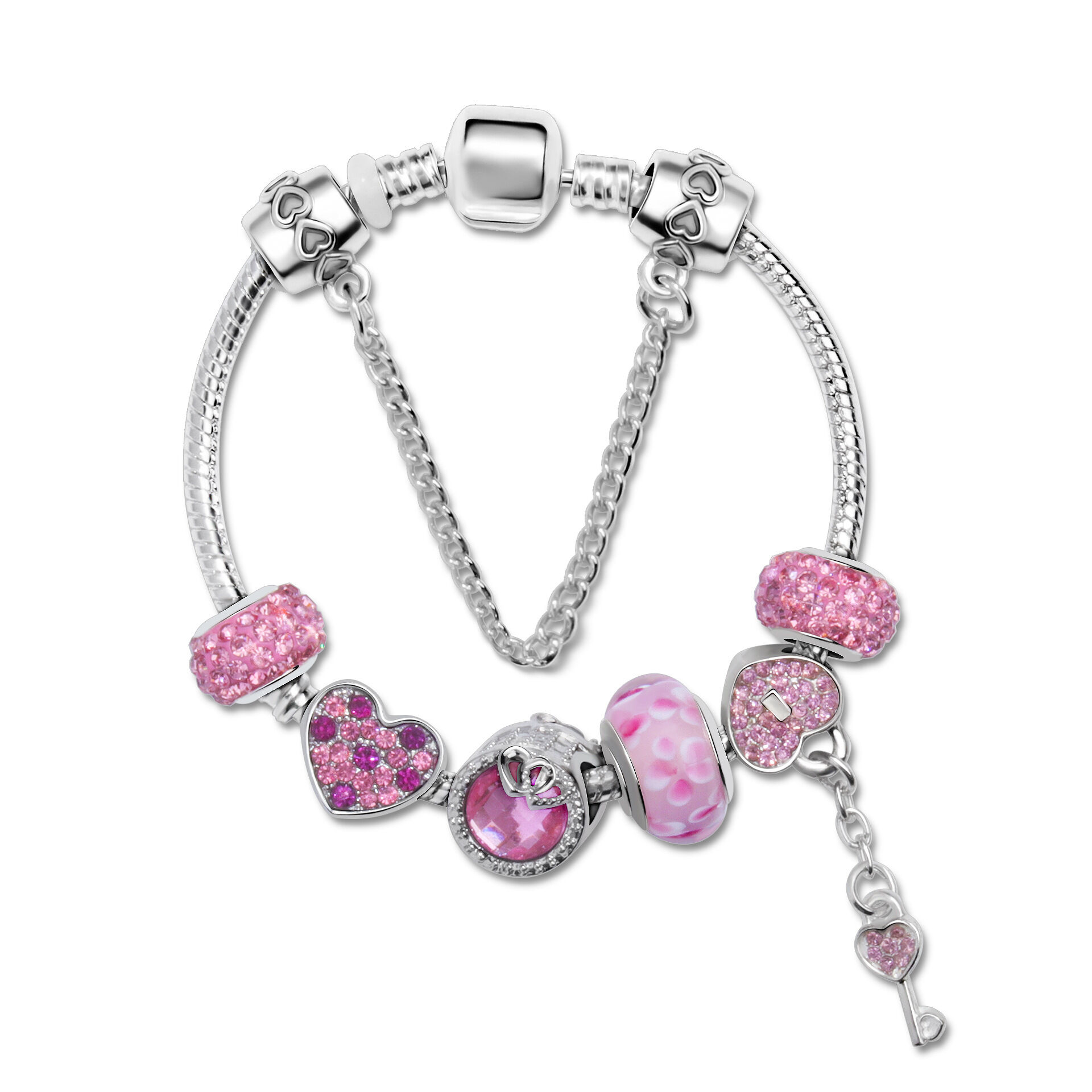 Rhinestone Heart & Bead Alloy Plated Bracelet with Happy Lock Pendant(17cm) - Image 1