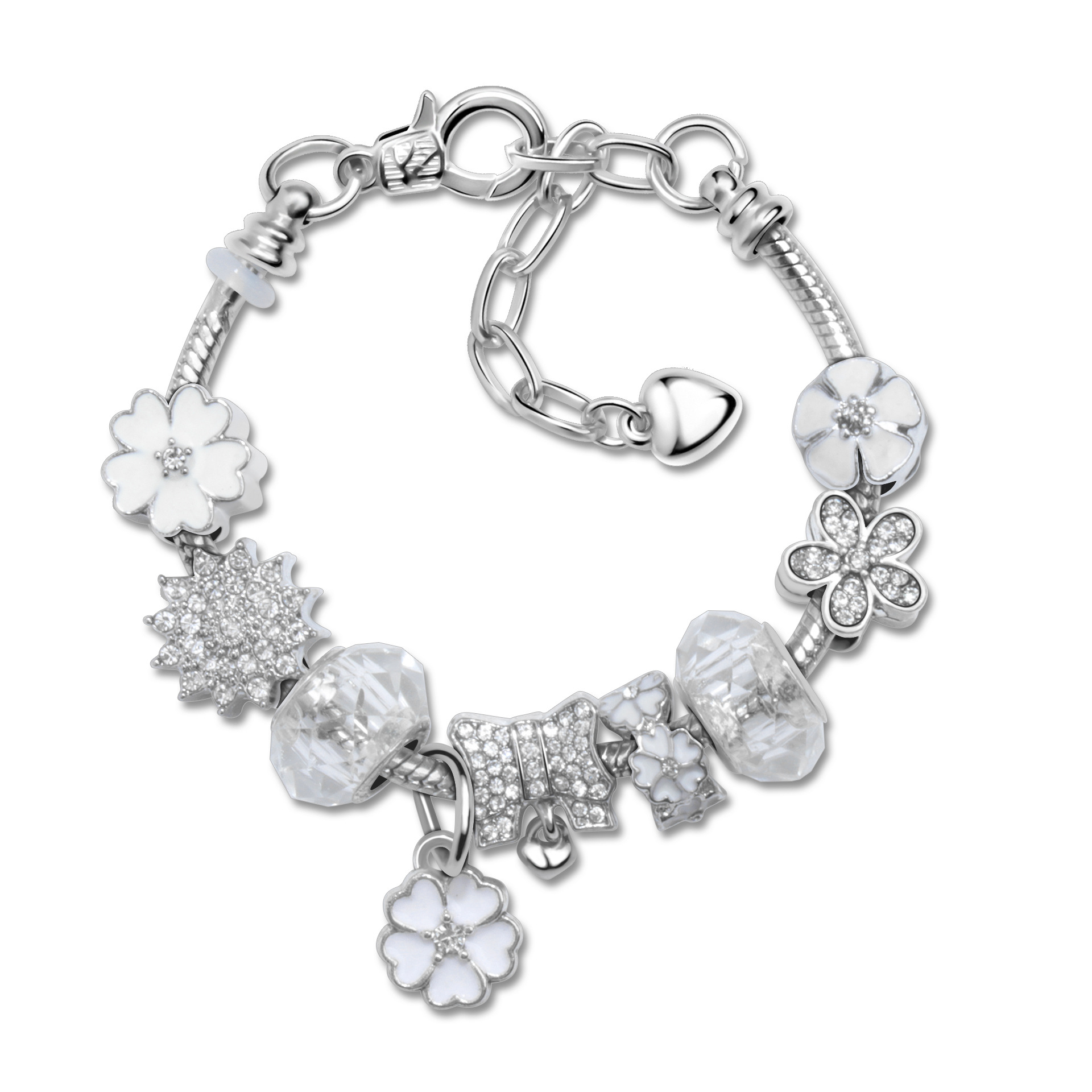 Alloy Bracelet with Rhinestone, Glass Beads & White Magnolia Pendant(17cm) - Image 1