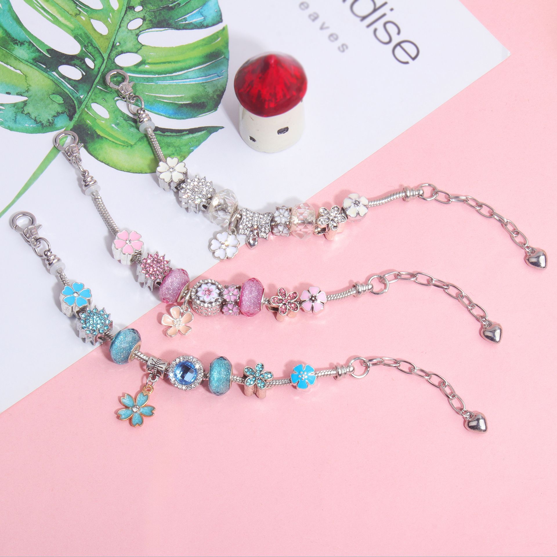 Alloy Bracelet with Rhinestone, Glass Beads & White Magnolia Pendant(18cm) - Image 4