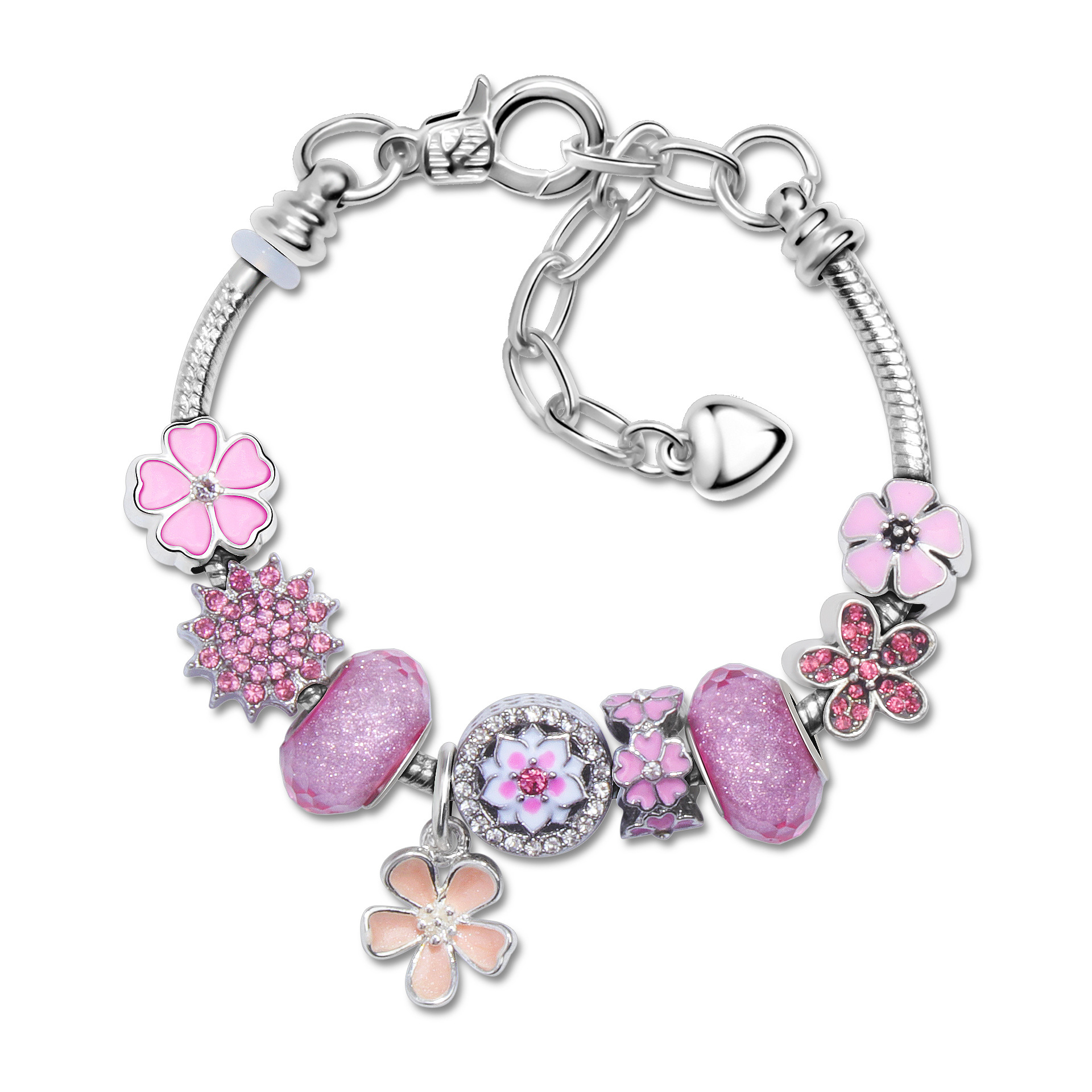 Pink Rhinestone Glass Enamel Bead Bracelet with Magnolia Pendant(19cm) - Image 1
