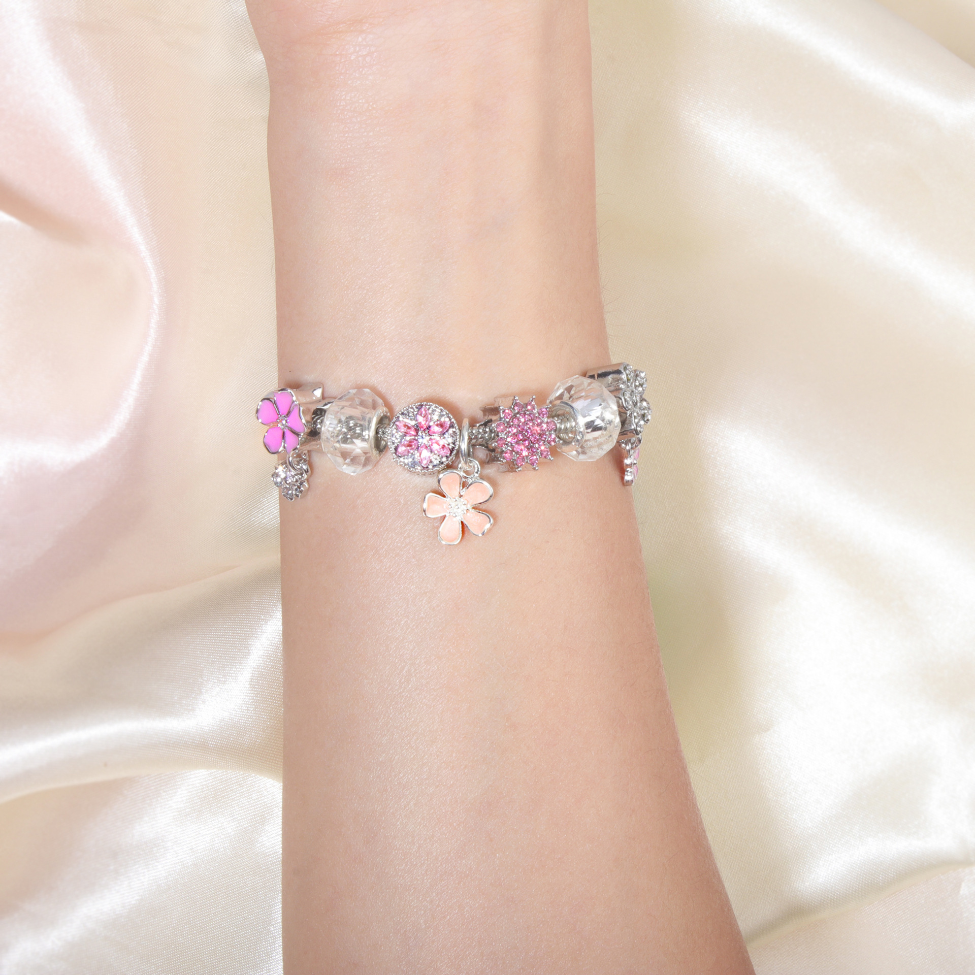 Pink Rhinestone Glass Enamel Bead Bracelet with Magnolia Pendant(19cm) - Image 2