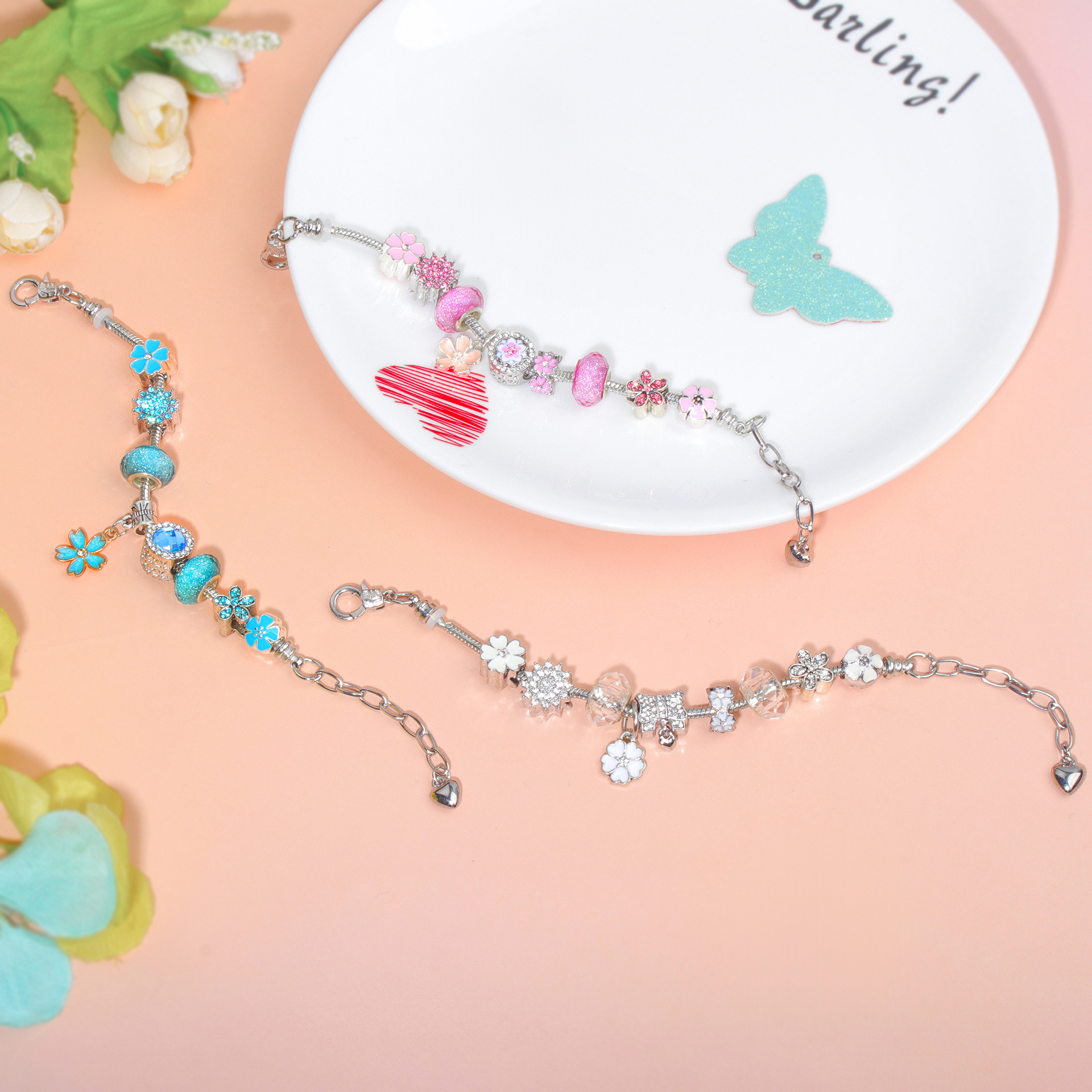 Pink Rhinestone Glass Enamel Bead Bracelet with Magnolia Pendant(19cm) - Image 5