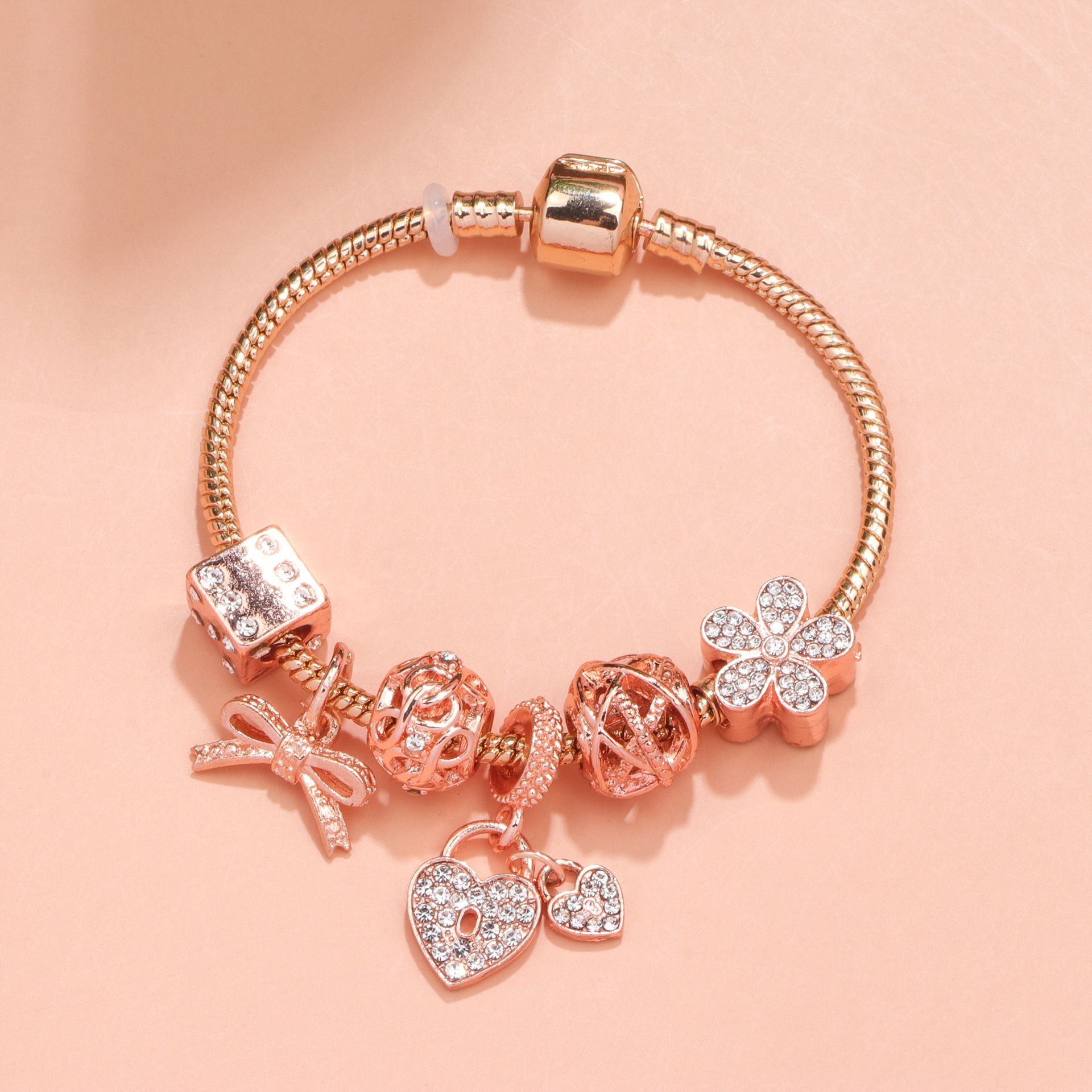 Hollow Out Crystal Flower Heart Bow Charm Bracelet(rose gold,17cm) - Image 4