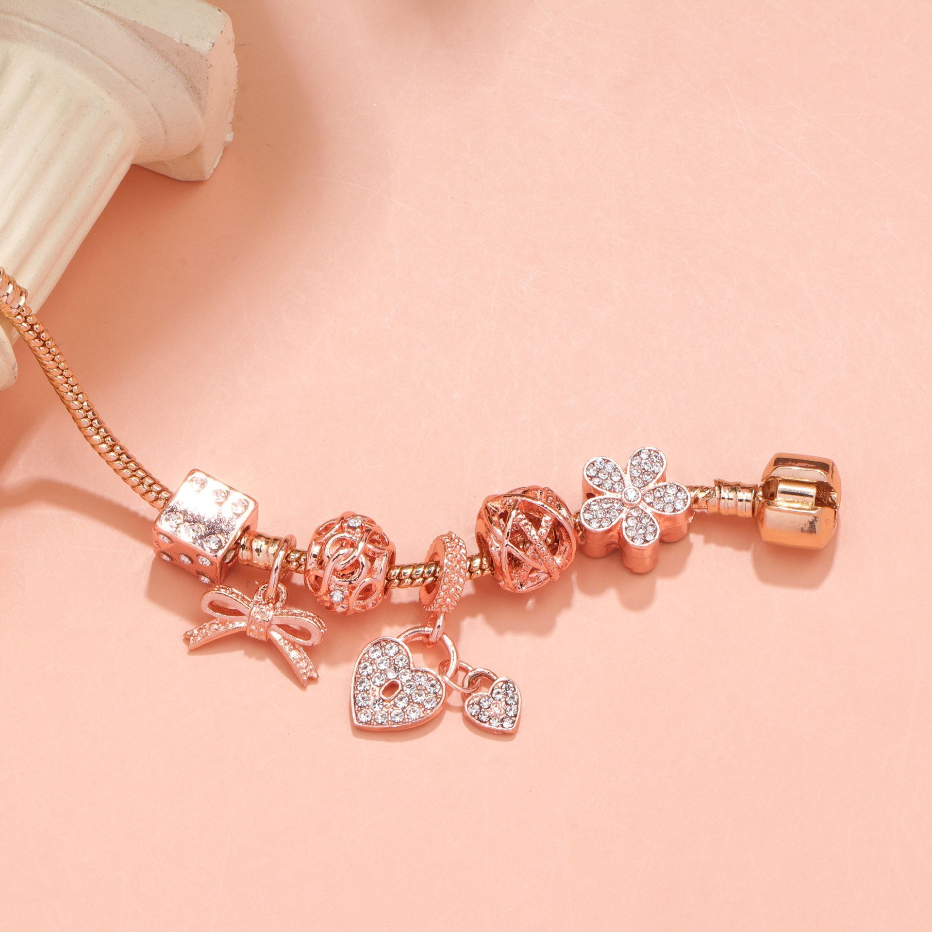 Hollow Out Crystal Flower Heart Bow Charm Bracelet(rose gold,18cm) - Image 2