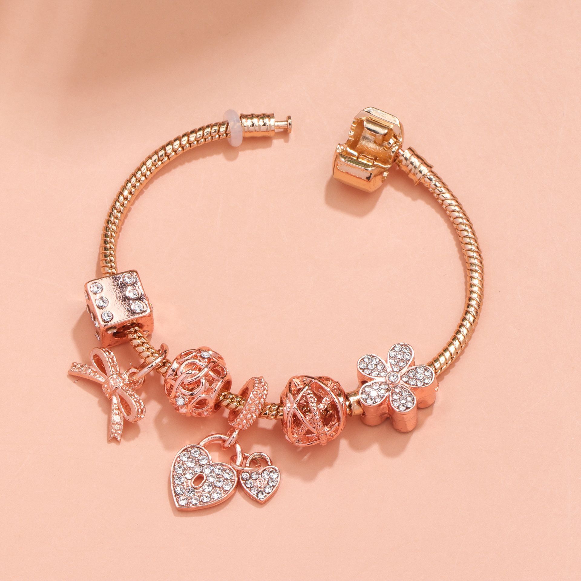 Hollow Out Crystal Flower Heart Bow Charm Bracelet(rose gold,18cm) - Image 3