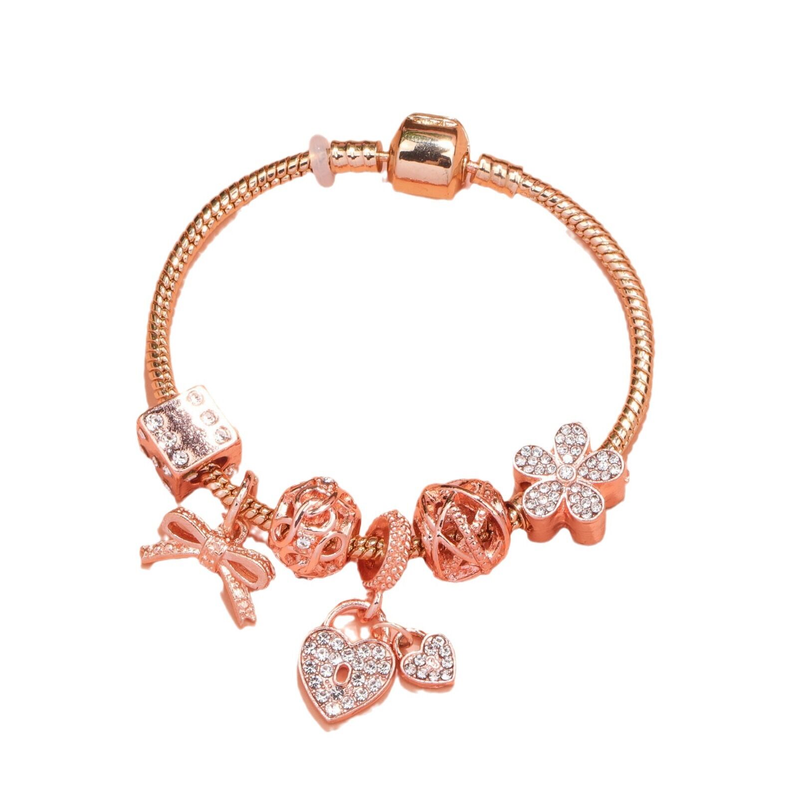 Hollow Out Crystal Flower Heart Bow Charm Bracelet(rose gold,20cm) - Image 1