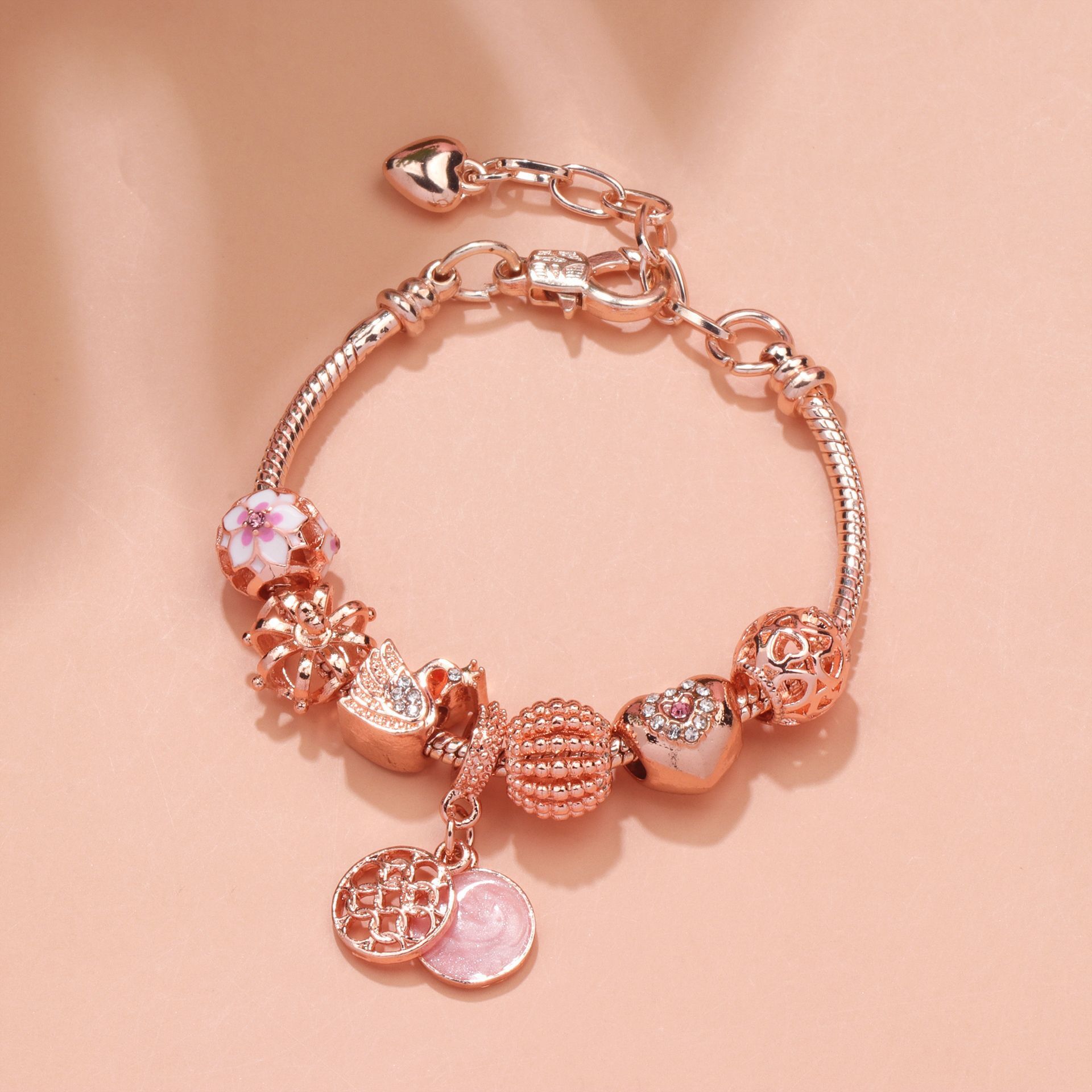 Hollow Crystal-Encrusted Swan Crown Flower Heart Bracelet(rose gold,18cm) - Image 5
