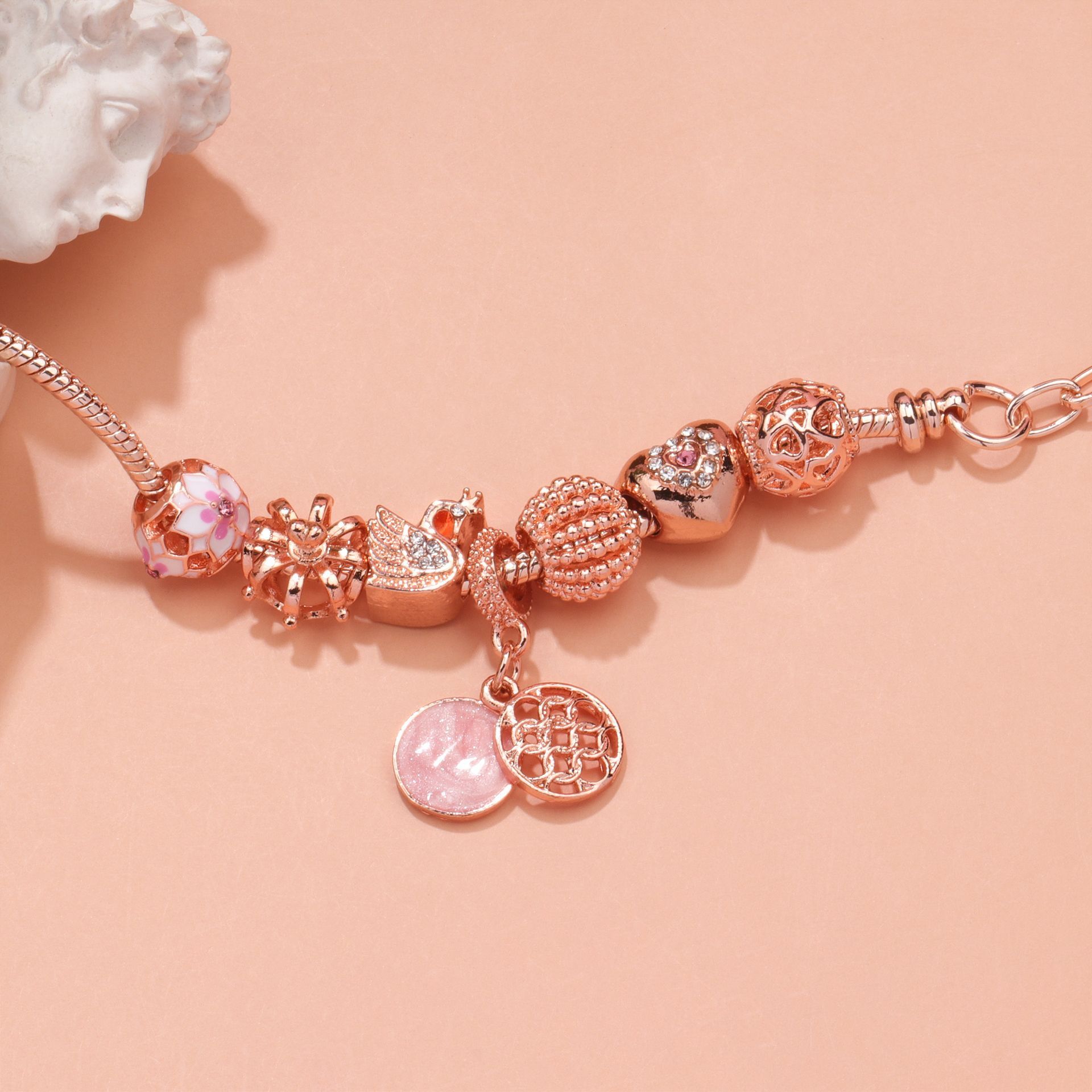 Hollow Crystal-Encrusted Swan Crown Flower Heart Bracelet(rose gold,20cm) - Image 2