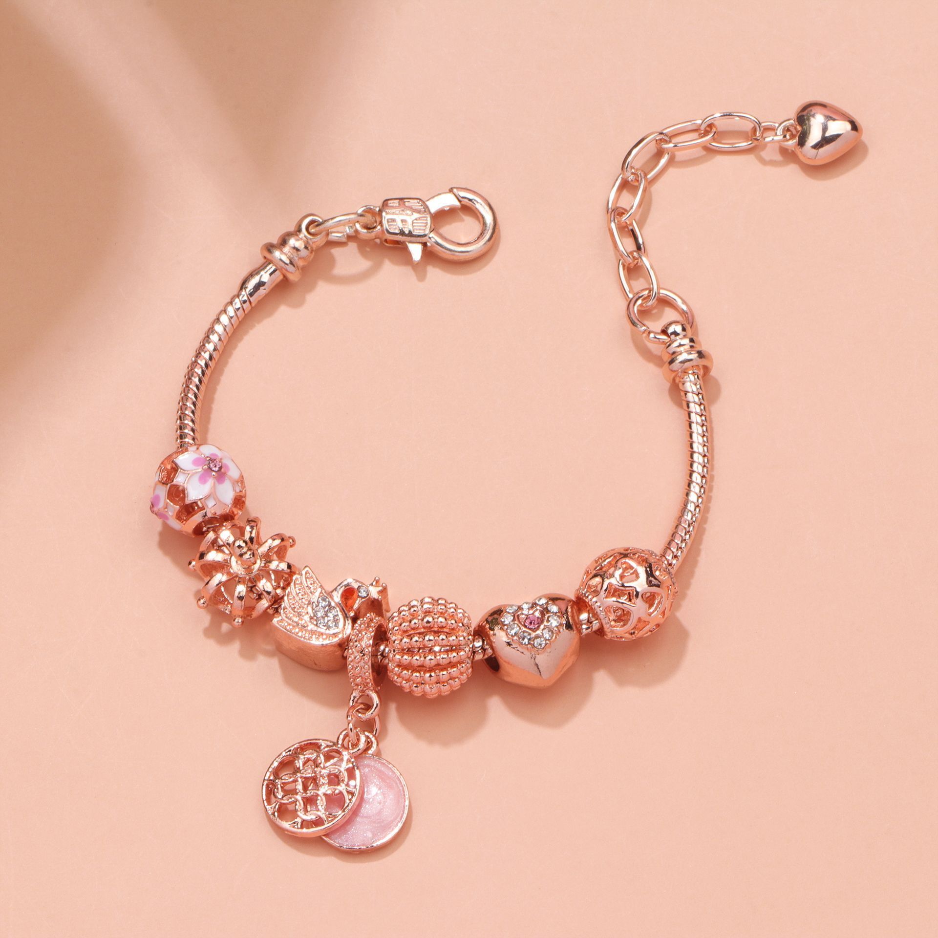 Hollow Crystal-Encrusted Swan Crown Flower Heart Bracelet(rose gold,20cm) - Image 3