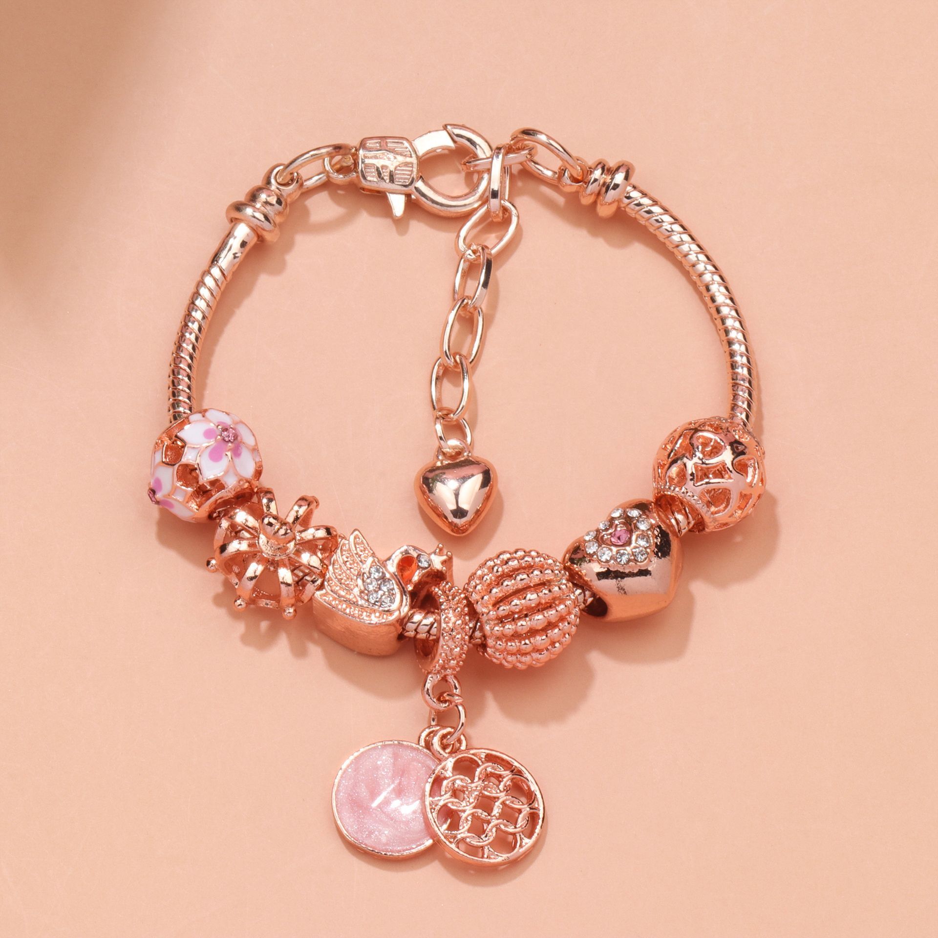 Hollow Crystal-Encrusted Swan Crown Flower Heart Bracelet(rose gold,20cm) - Image 4