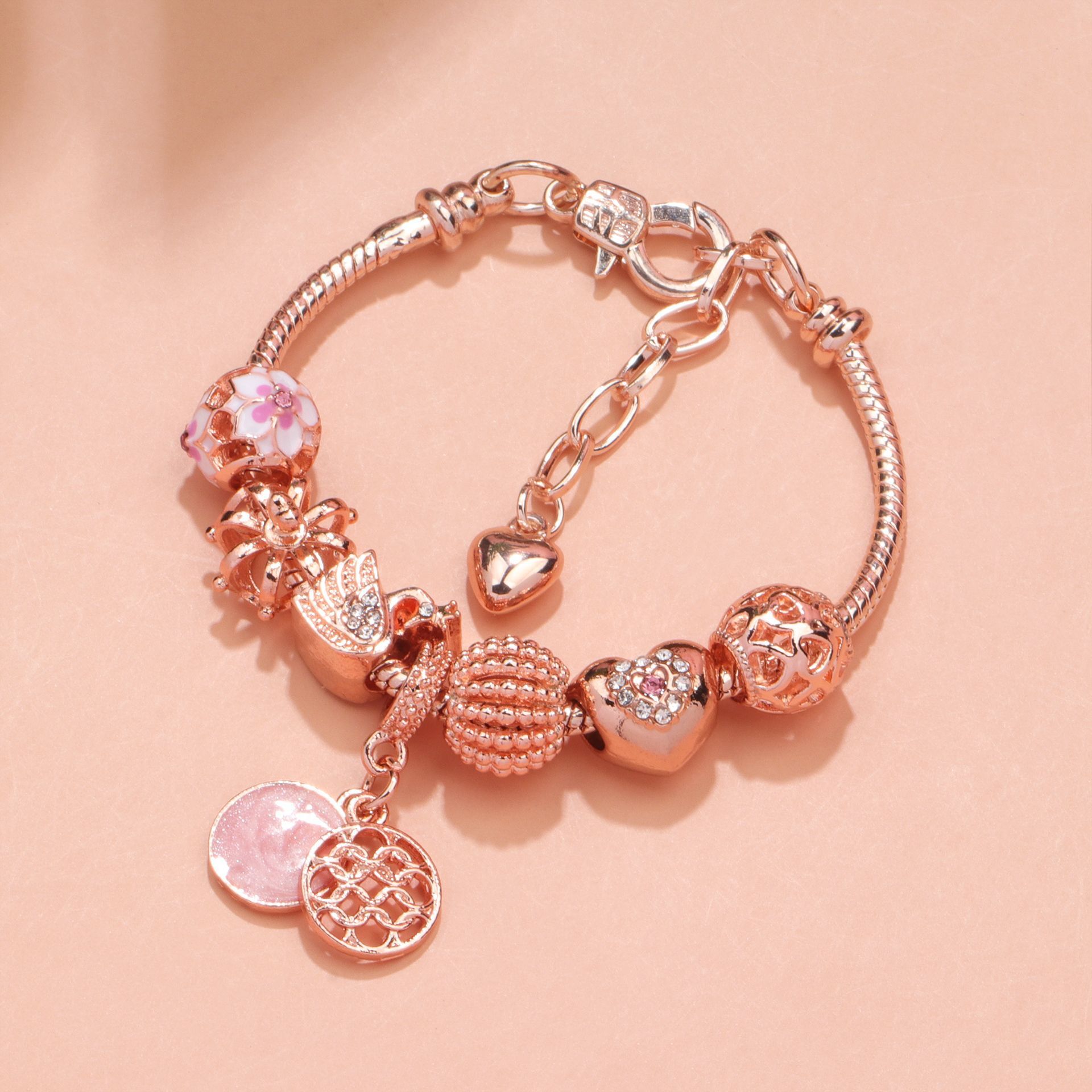 Hollow Crystal-Encrusted Swan Crown Flower Heart Bracelet(rose gold,20cm) - Image 6