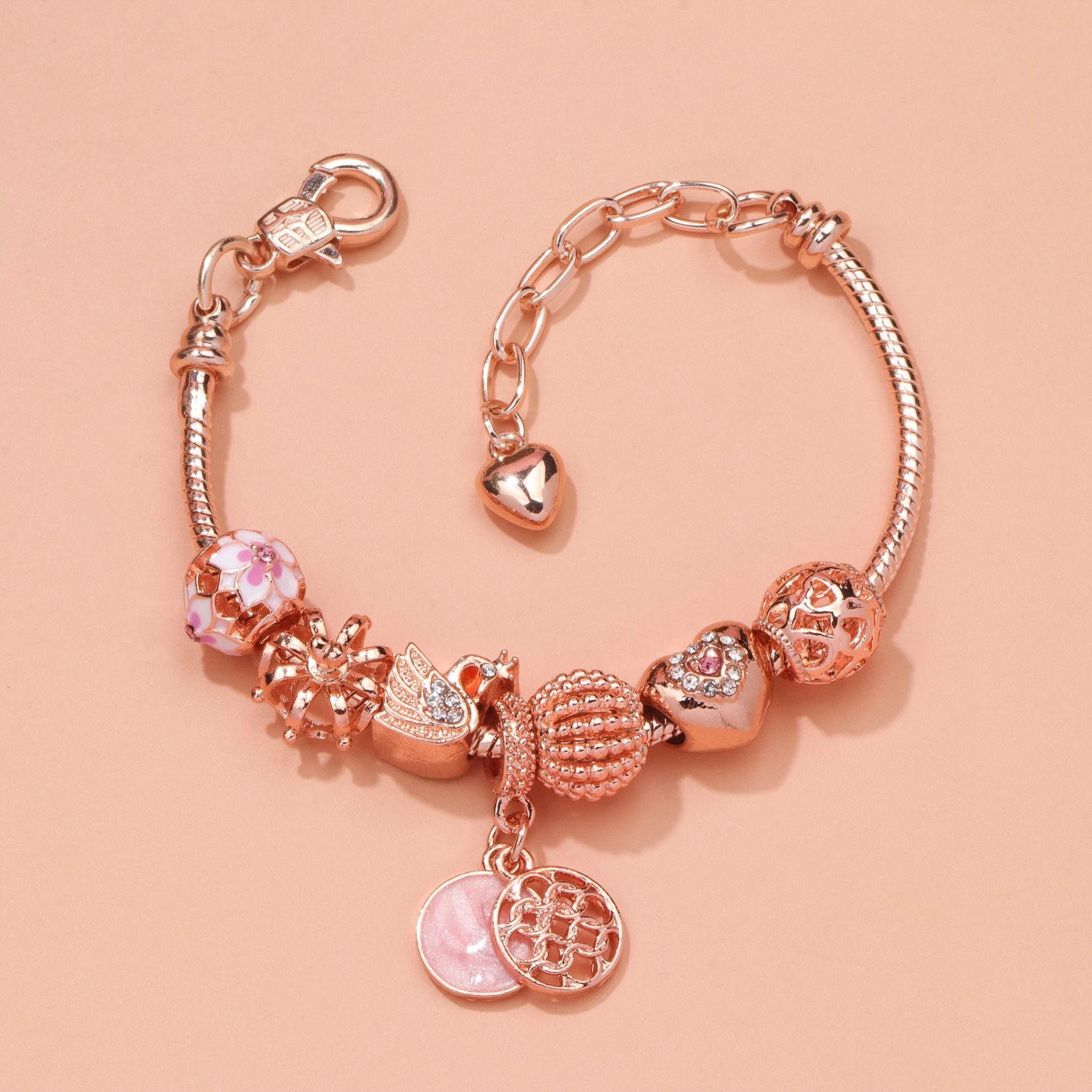Hollow Crystal-Encrusted Swan Crown Flower Heart Bracelet(rose gold,20cm) - Image 7