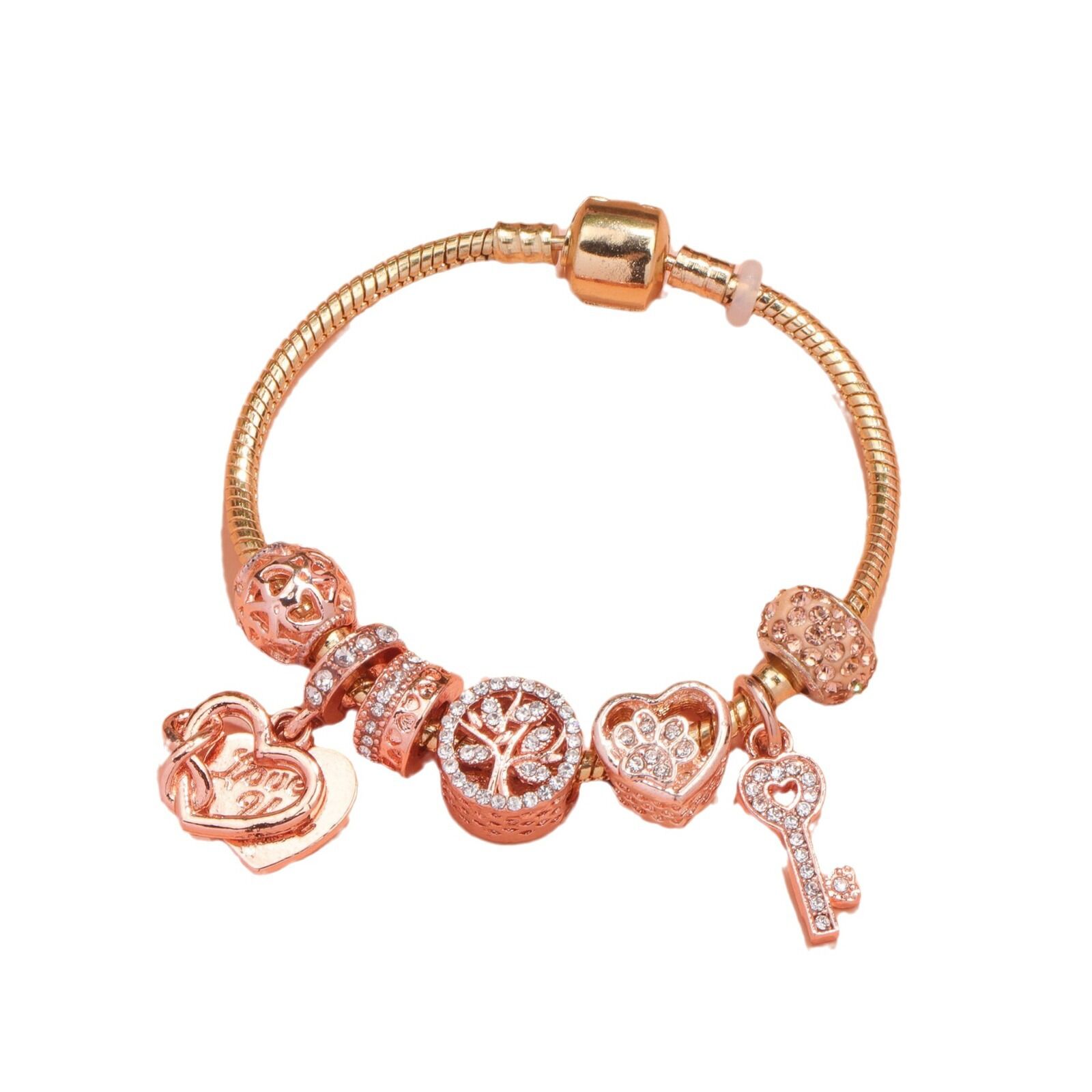 Crystal-studded Hollow Heart Key Tree of Life Bracelet(rose gold,17cm) - Image 1