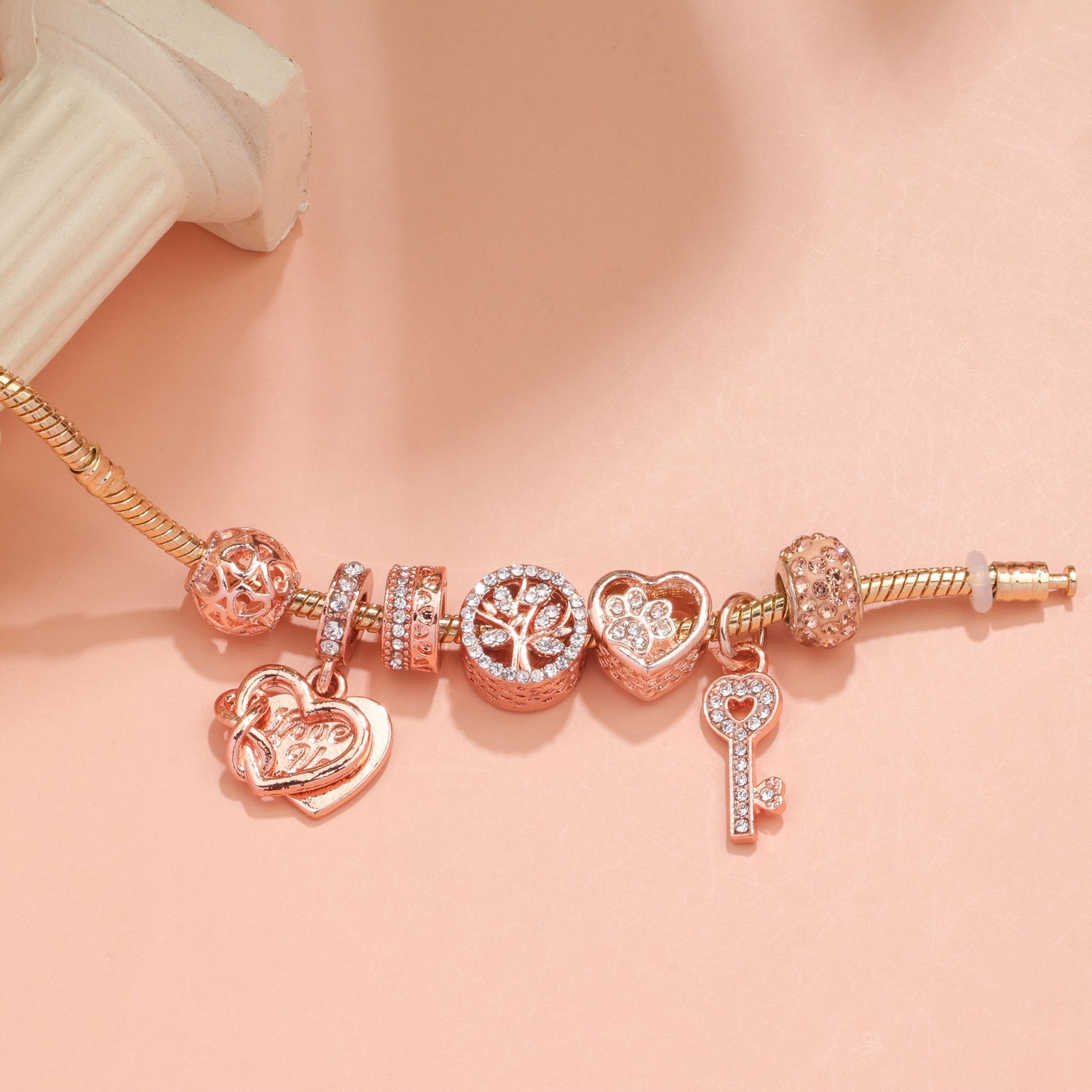 Crystal-studded Hollow Heart Key Tree of Life Bracelet(rose gold,17cm) - Image 2