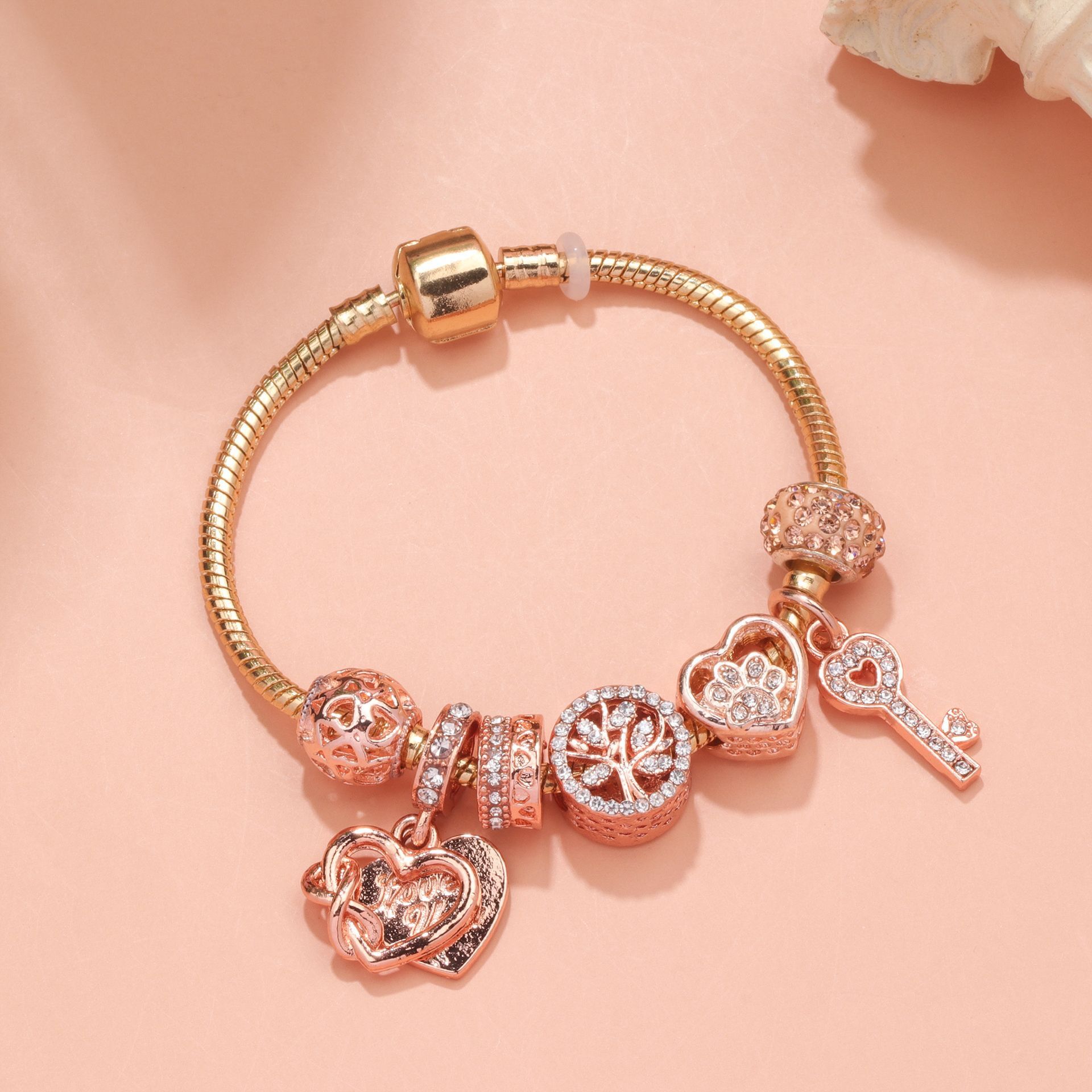 Crystal-studded Hollow Heart Key Tree of Life Bracelet(rose gold,19cm) - Image 4