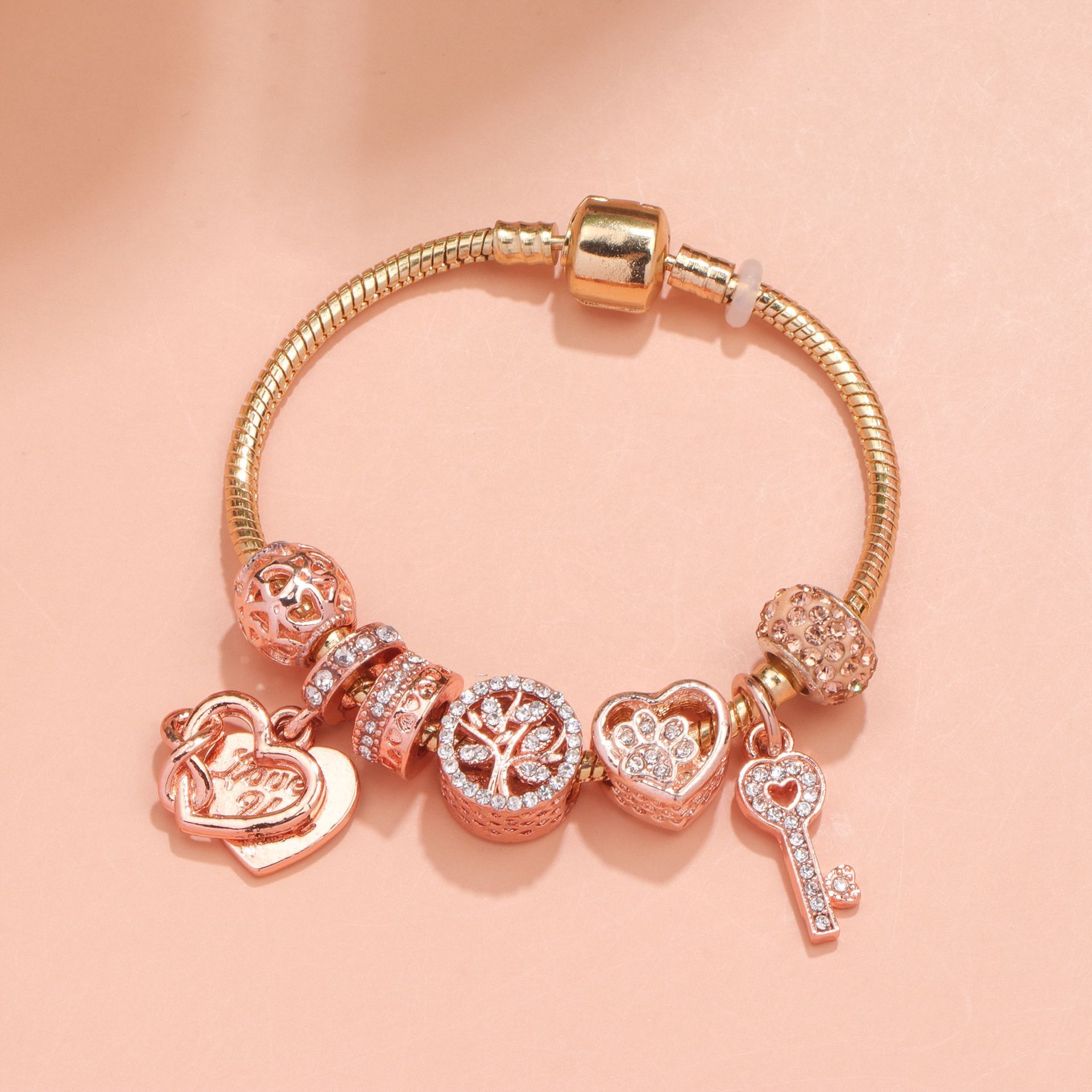 Crystal-studded Hollow Heart Key Tree of Life Bracelet(rose gold,19cm) - Image 5