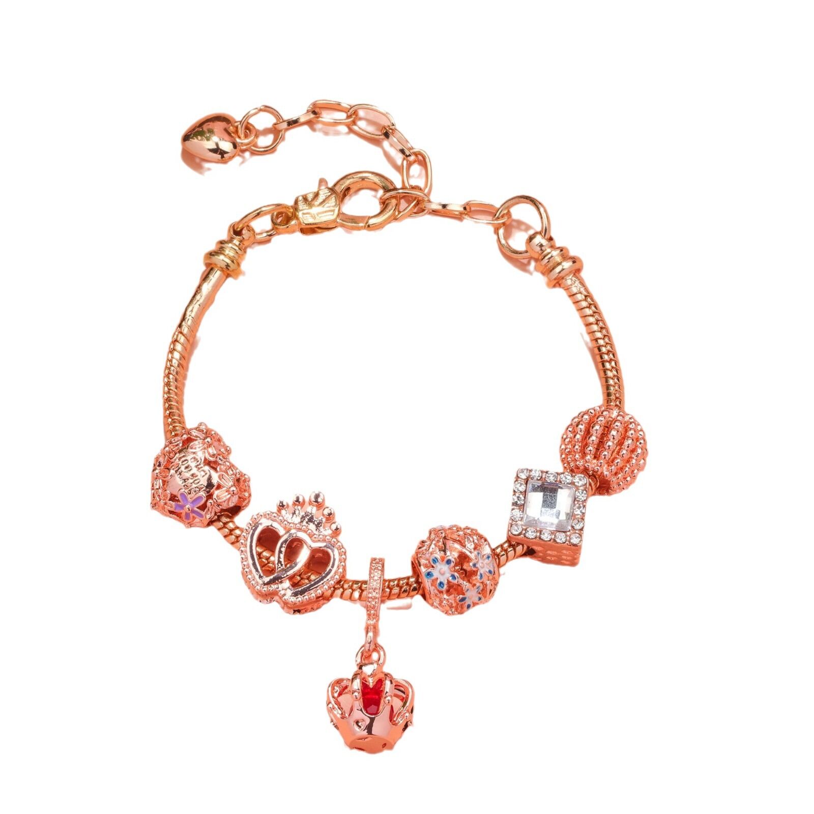 Hollow-out Rhinestone Heart Flower Charm Bracelet(rose gold,16cm) - Image 1