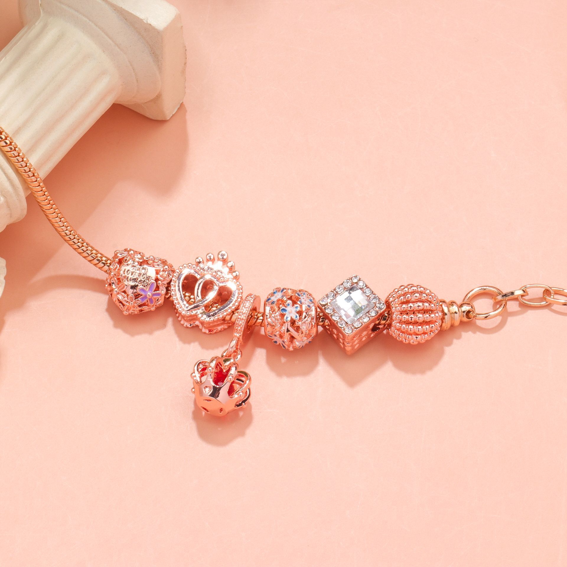 Hollow-out Rhinestone Heart Flower Charm Bracelet(rose gold,16cm) - Image 2