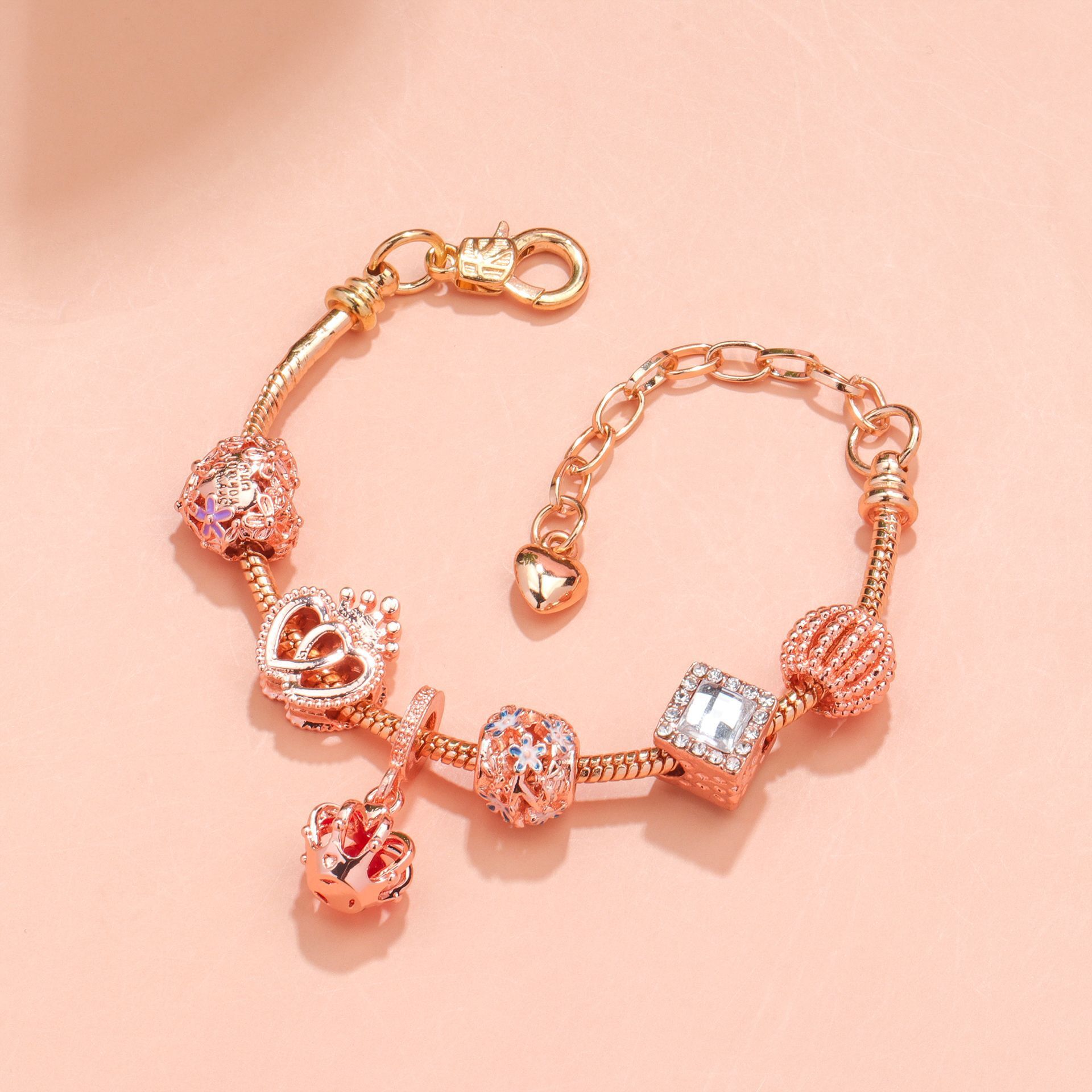 Hollow-out Rhinestone Heart Flower Charm Bracelet(rose gold,16cm) - Image 3