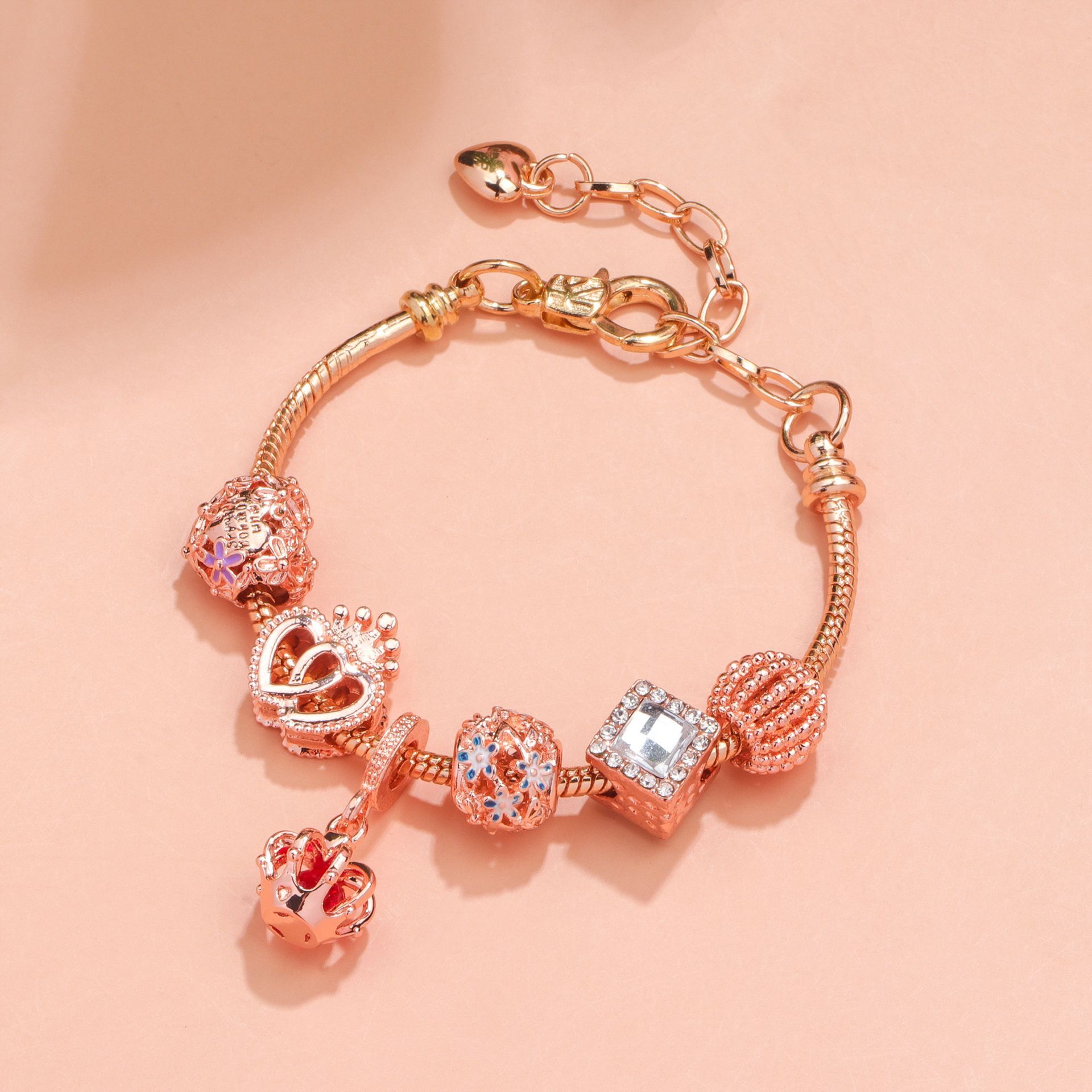 Hollow-out Rhinestone Heart Flower Charm Bracelet(rose gold,16cm) - Image 4