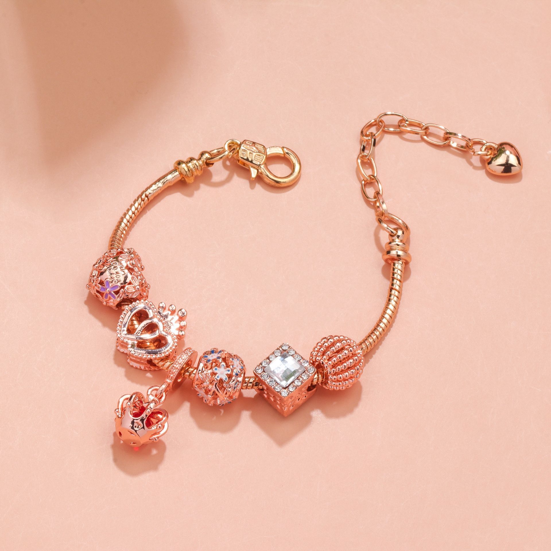 Hollow-out Rhinestone Heart Flower Charm Bracelet(rose gold,18cm) - Image 5
