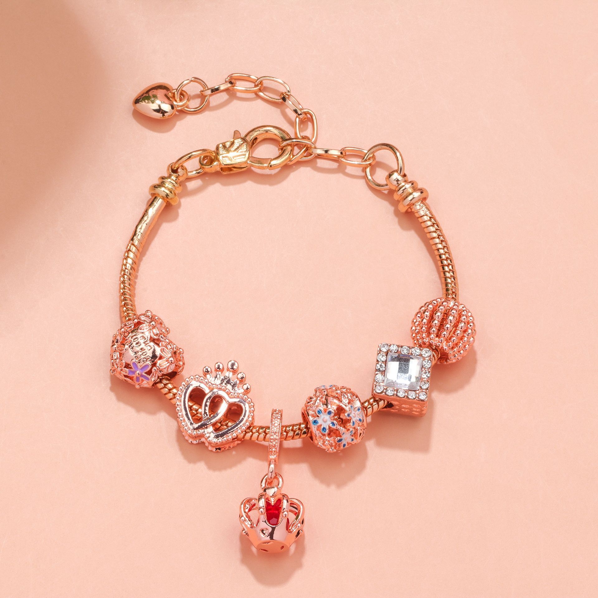 Hollow-out Rhinestone Heart Flower Charm Bracelet(rose gold,20cm) - Image 6