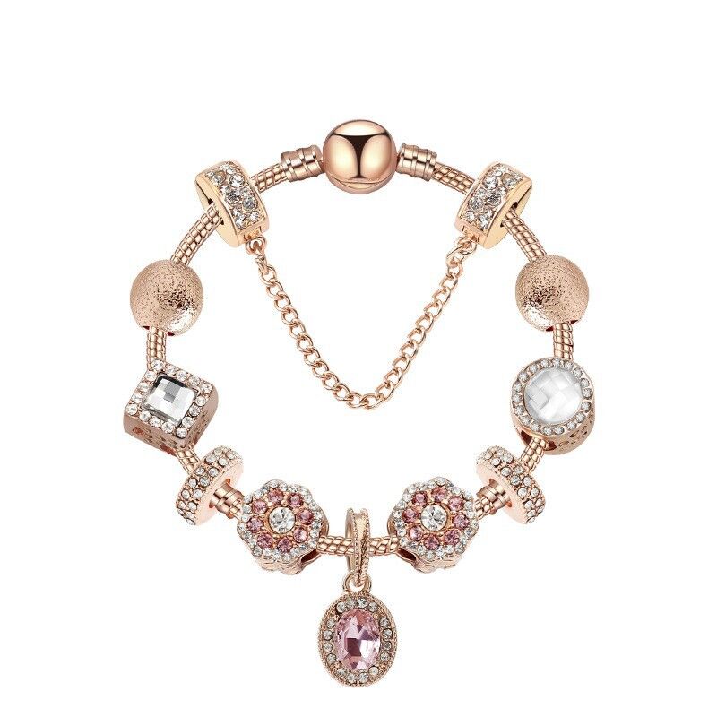 Vintage Gold Bracelet with Crystal, Zircon & Floral Beads, Oval Zircon Pendant(21cm) - Image 1
