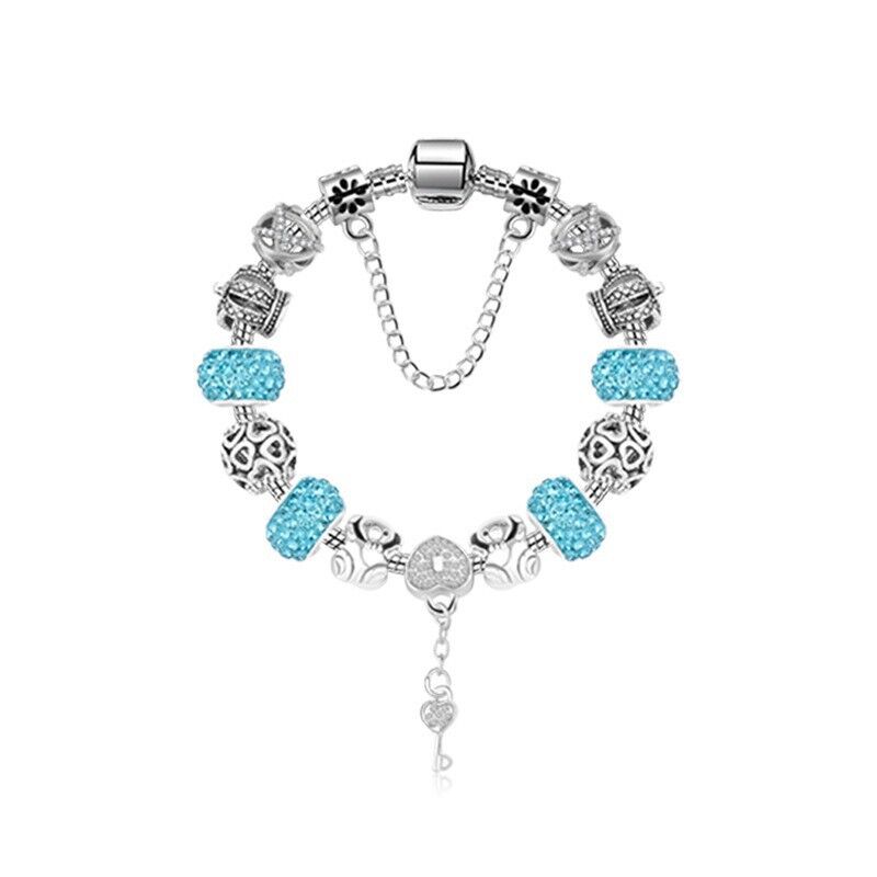 Stunning Rhinestone Charm Bracelet: Hollow Heart Beads + Crown Charms + Happy Key-Lock Pendant | Blue(21cm) - Image 1