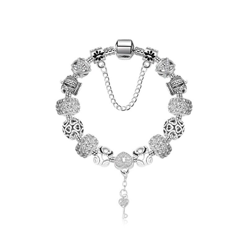 Stunning Rhinestone Charm Bracelet: Hollow Heart Beads + Crown Charms + Happy Key-Lock Pendant | Silver(17cm) - Image 1