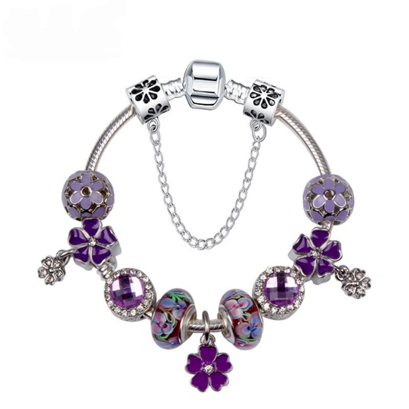 Purple Four Leaf Clover Pendant Bracelet – Sparkling Zircon Resin Glass Beads(17cm) - Image 1