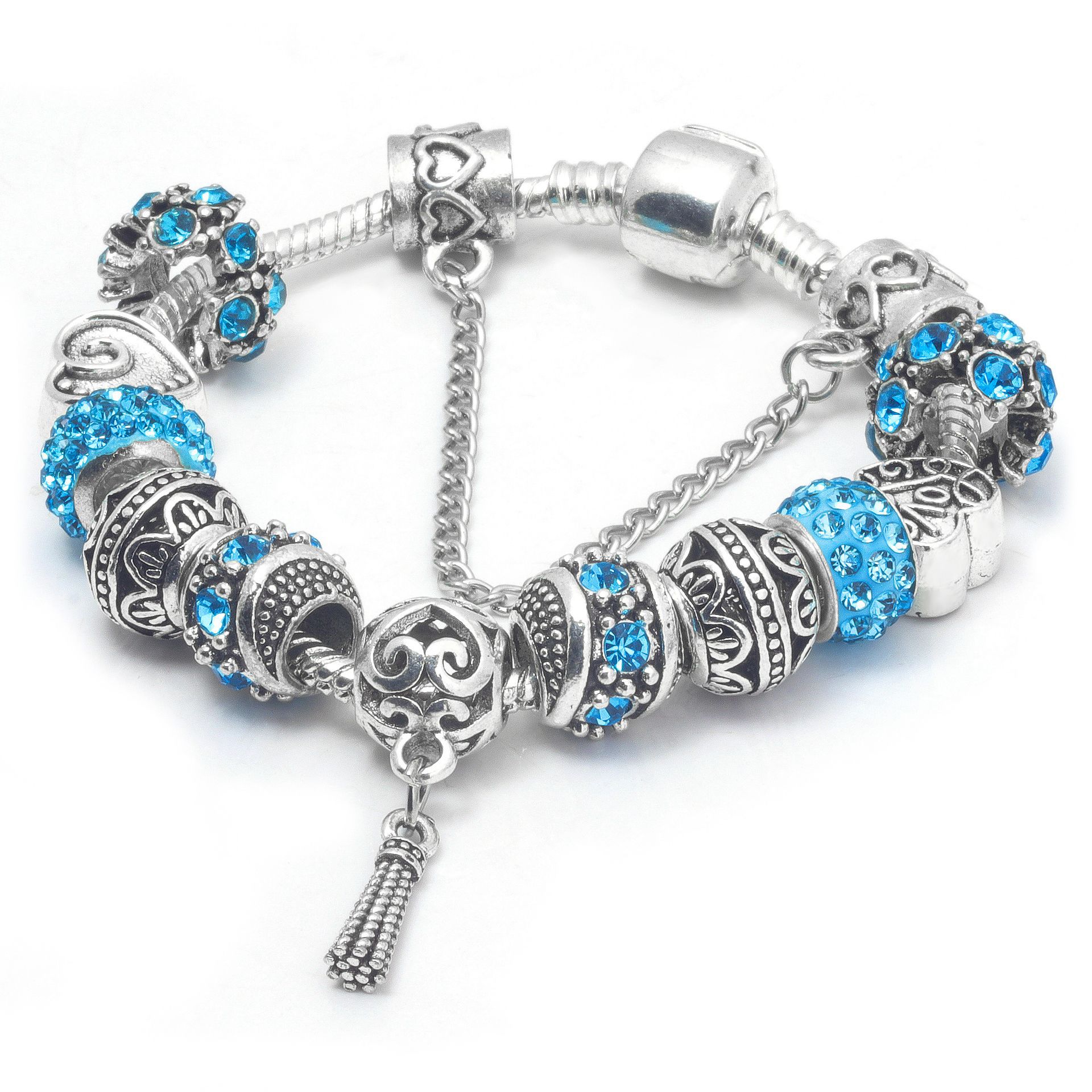 Women’s Vintage Silver-Plated Charm Bracelet - Crystal-Embedded Hollow Carved Multi-Bead Fashion Jewelry(blue-17cm) - Image 1