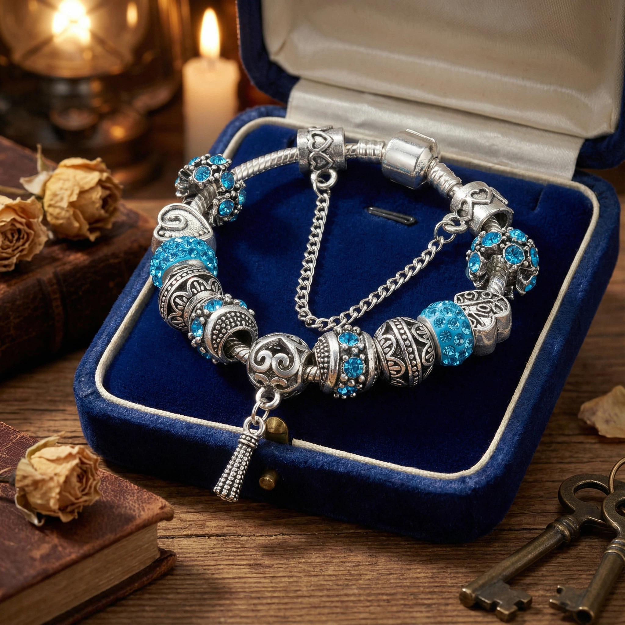 Women’s Vintage Silver-Plated Charm Bracelet - Crystal-Embedded Hollow Carved Multi-Bead Fashion Jewelry(blue-17cm) - Image 8