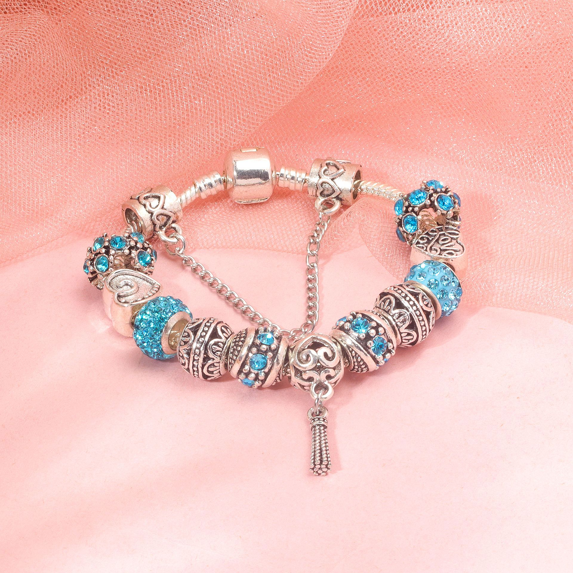 Women’s Vintage Silver-Plated Charm Bracelet - Crystal-Embedded Hollow Carved Multi-Bead Fashion Jewelry(blue-18cm) - Image 3
