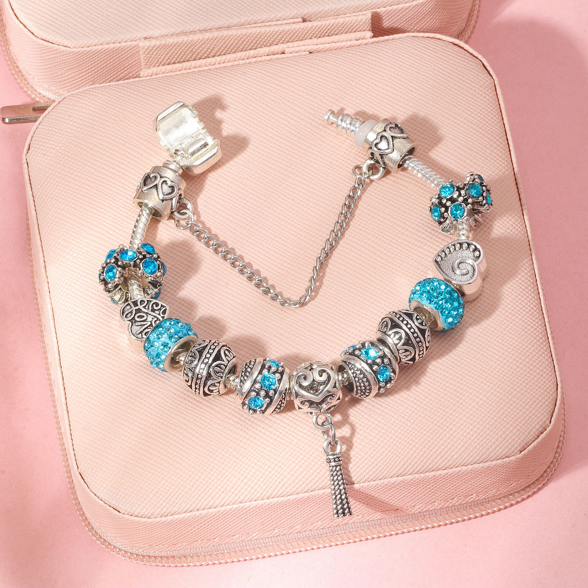 Women’s Vintage Silver-Plated Charm Bracelet - Crystal-Embedded Hollow Carved Multi-Bead Fashion Jewelry(blue-19cm) - Image 2