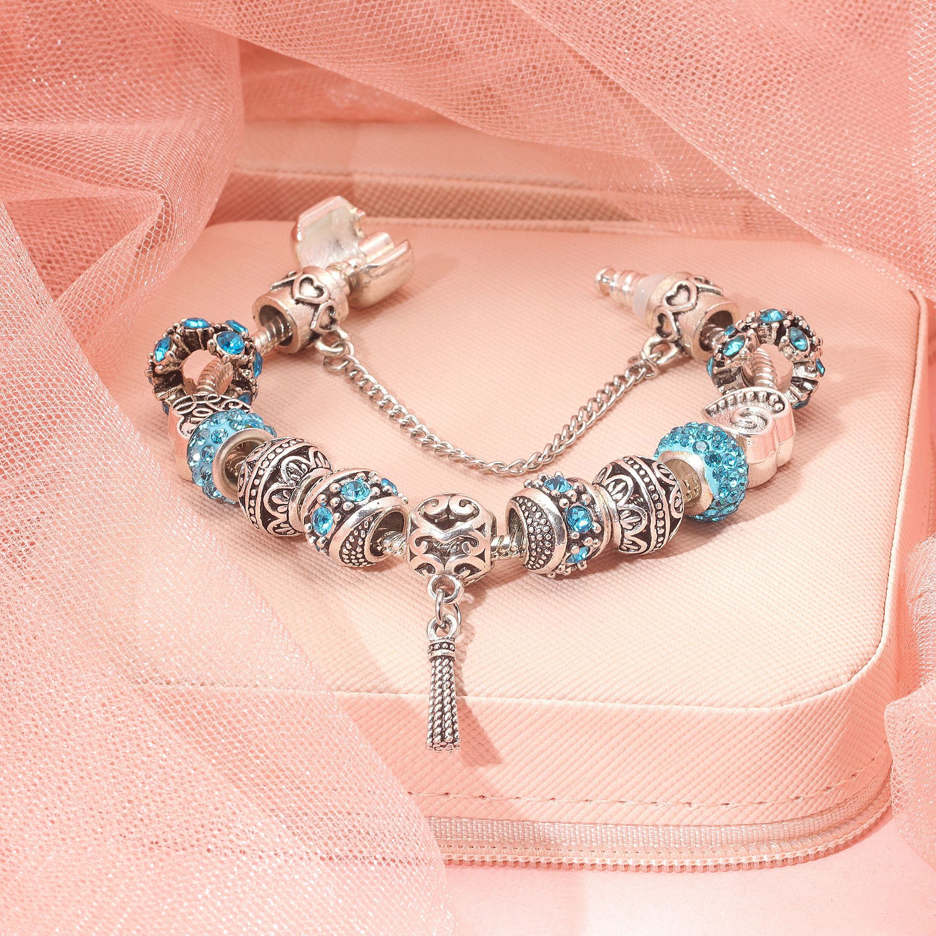 Women’s Vintage Silver-Plated Charm Bracelet - Crystal-Embedded Hollow Carved Multi-Bead Fashion Jewelry(blue-19cm) - Image 5