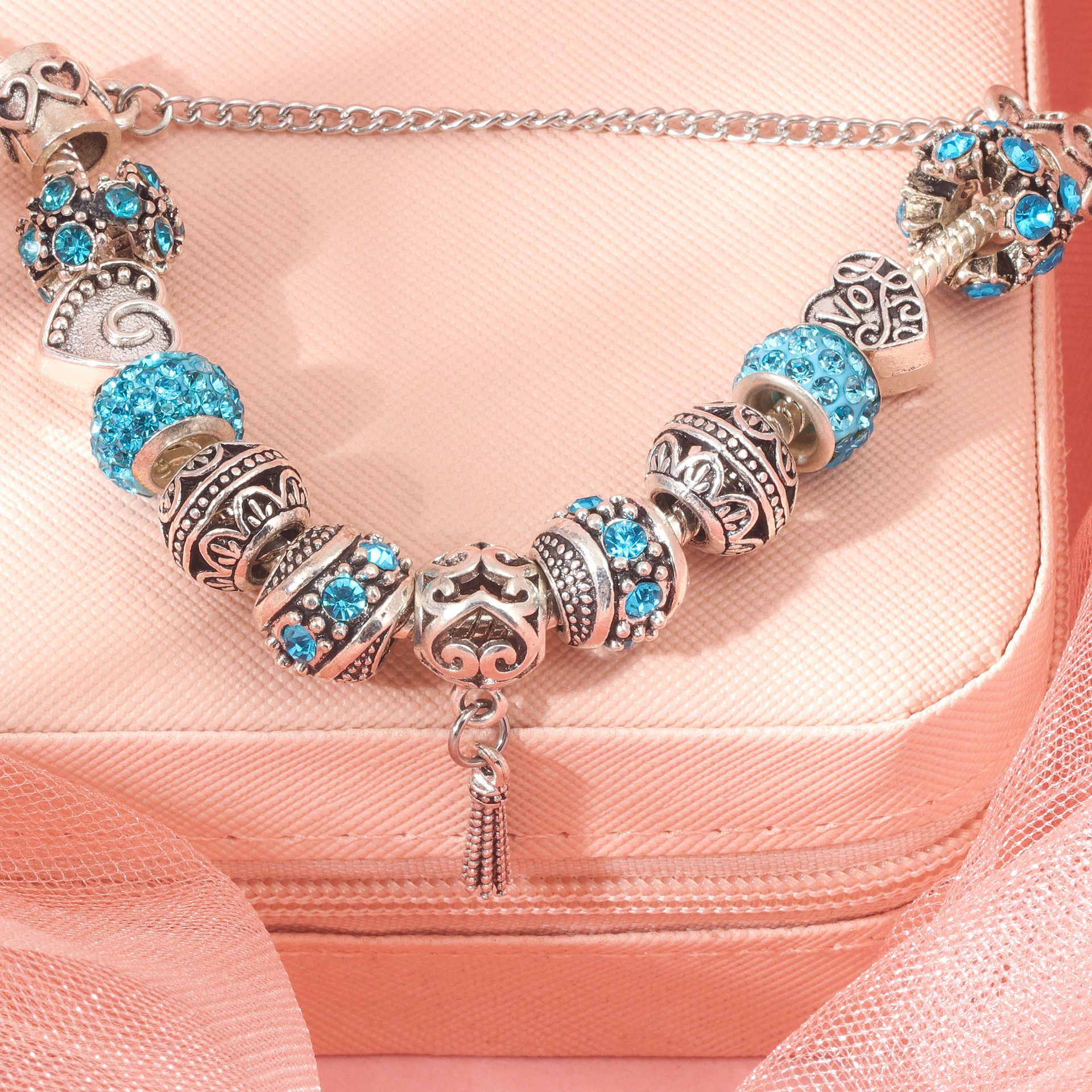 Women’s Vintage Silver-Plated Charm Bracelet - Crystal-Embedded Hollow Carved Multi-Bead Fashion Jewelry(blue-20cm) - Image 4