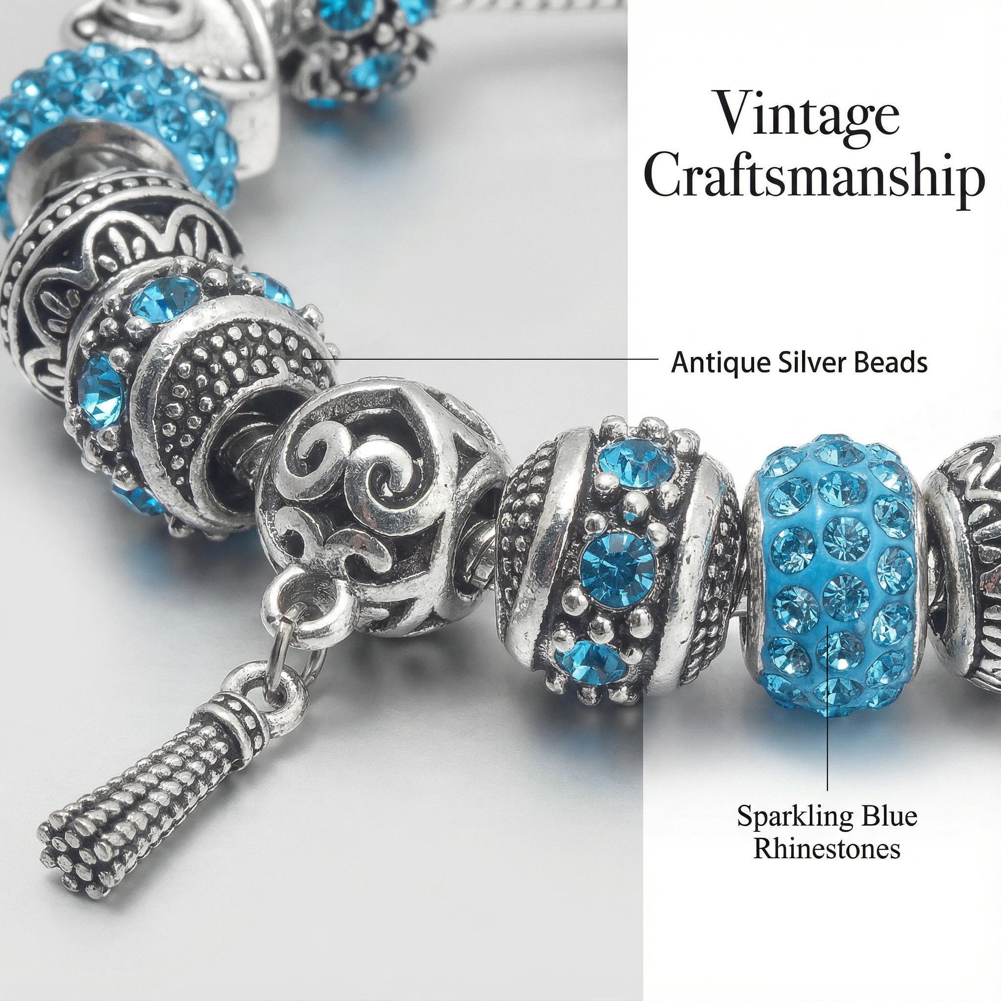 Women’s Vintage Silver-Plated Charm Bracelet - Crystal-Embedded Hollow Carved Multi-Bead Fashion Jewelry(blue-20cm) - Image 7