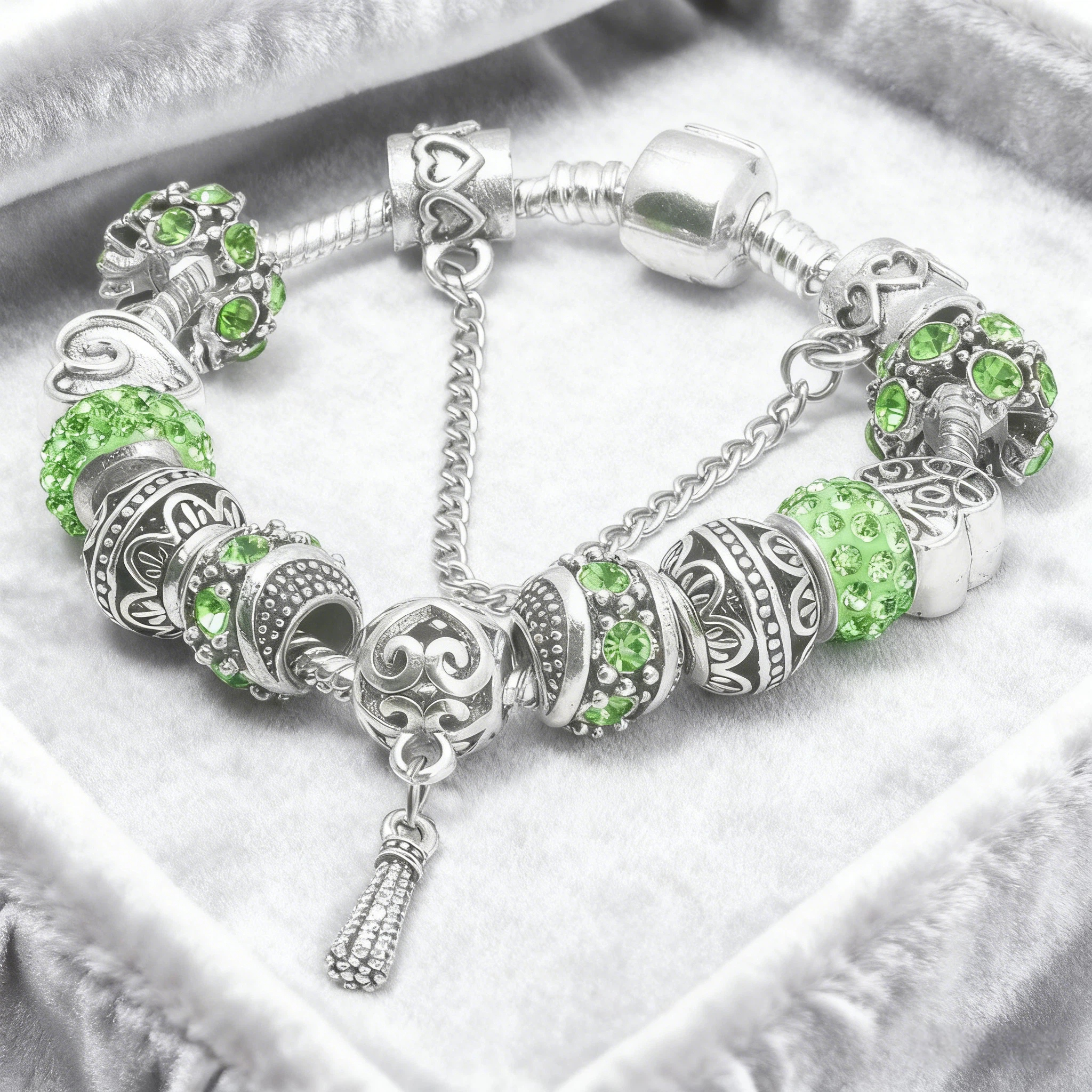 Women’s Vintage Silver-Plated Charm Bracelet - Crystal-Embedded Hollow Carved Multi-Bead Fashion Jewelry(green-17cm) - Image 5