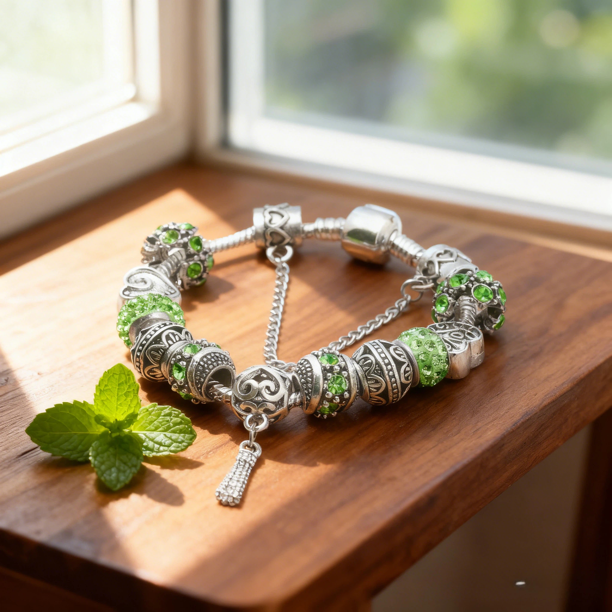 Women’s Vintage Silver-Plated Charm Bracelet - Crystal-Embedded Hollow Carved Multi-Bead Fashion Jewelry(green-19cm) - Image 2