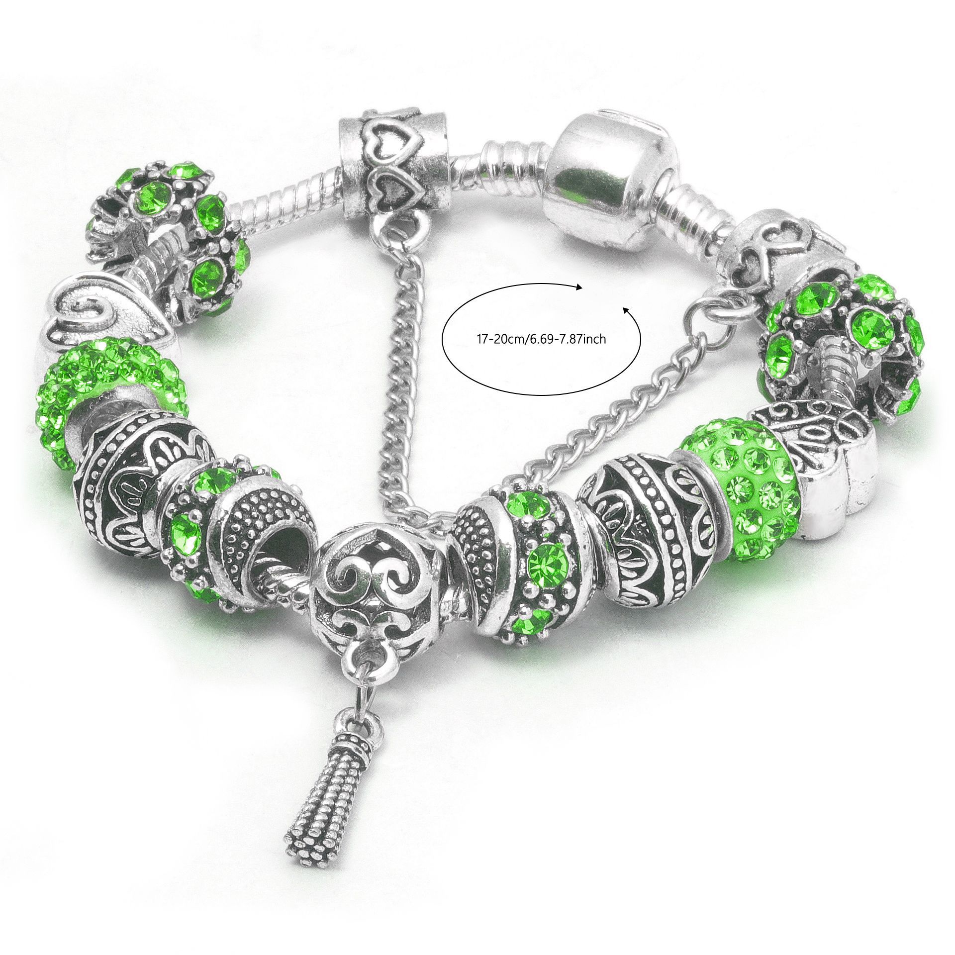 Women’s Vintage Silver-Plated Charm Bracelet - Crystal-Embedded Hollow Carved Multi-Bead Fashion Jewelry(green-20cm) - Image 1