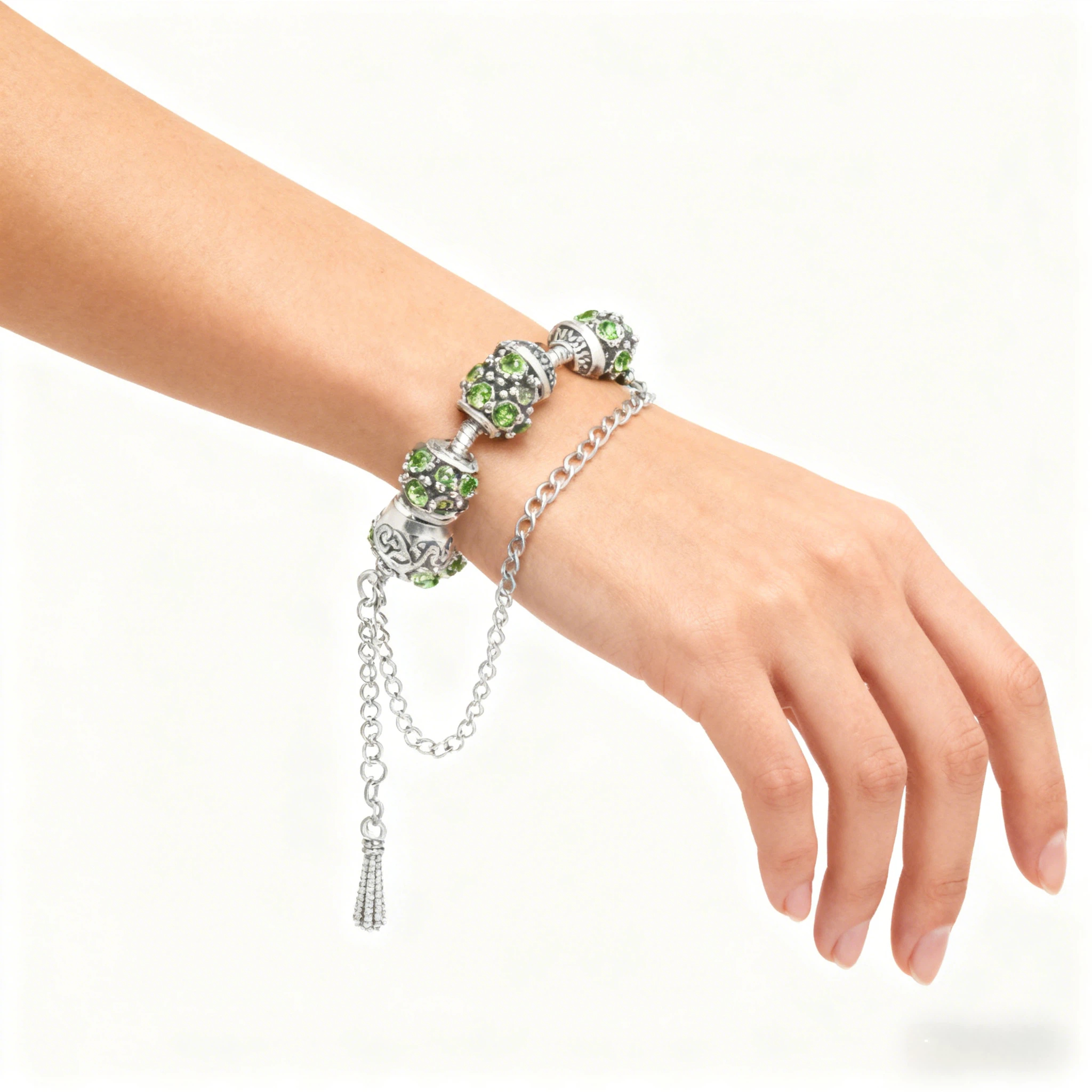 Women’s Vintage Silver-Plated Charm Bracelet - Crystal-Embedded Hollow Carved Multi-Bead Fashion Jewelry(green-20cm) - Image 3