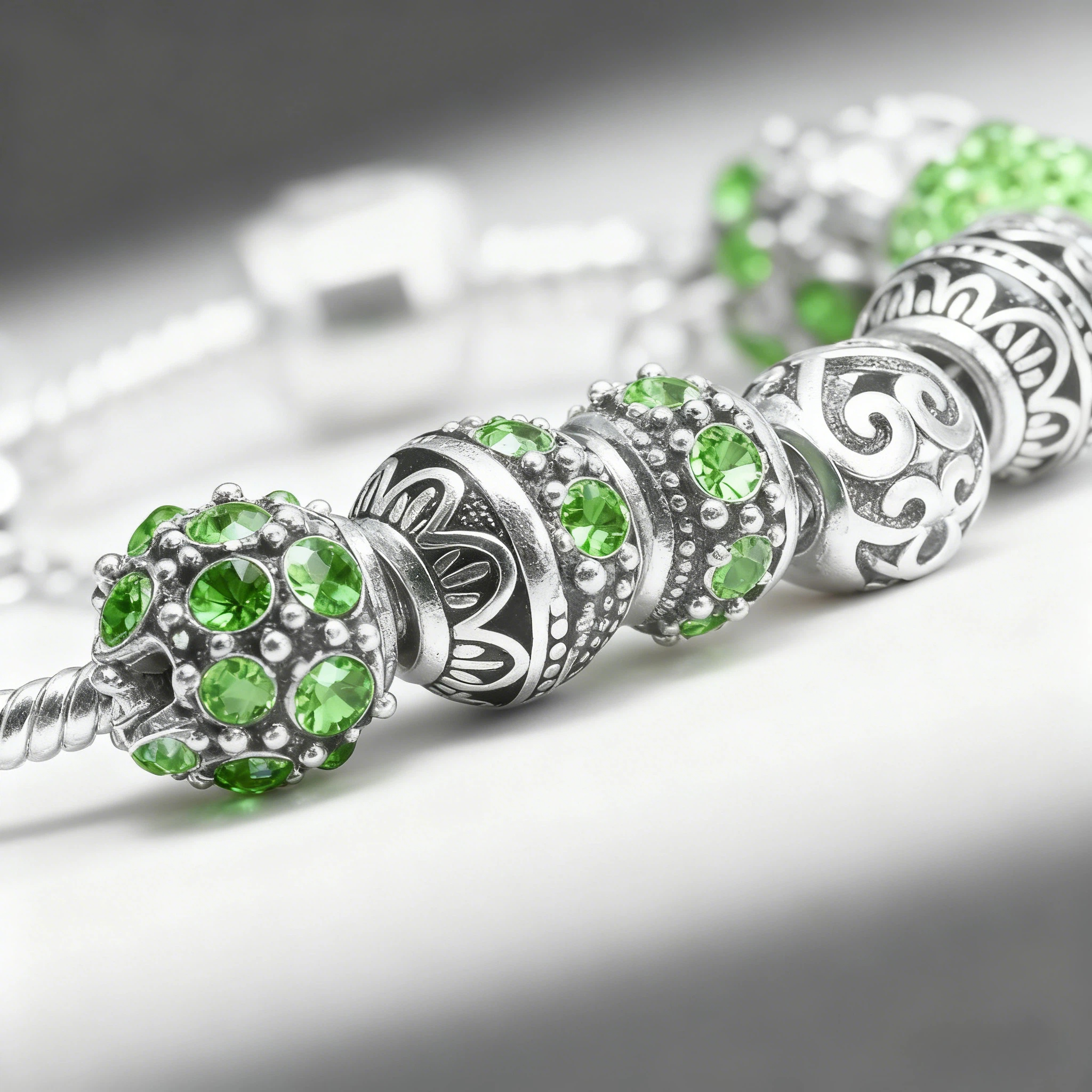 Women’s Vintage Silver-Plated Charm Bracelet - Crystal-Embedded Hollow Carved Multi-Bead Fashion Jewelry(green-20cm) - Image 4